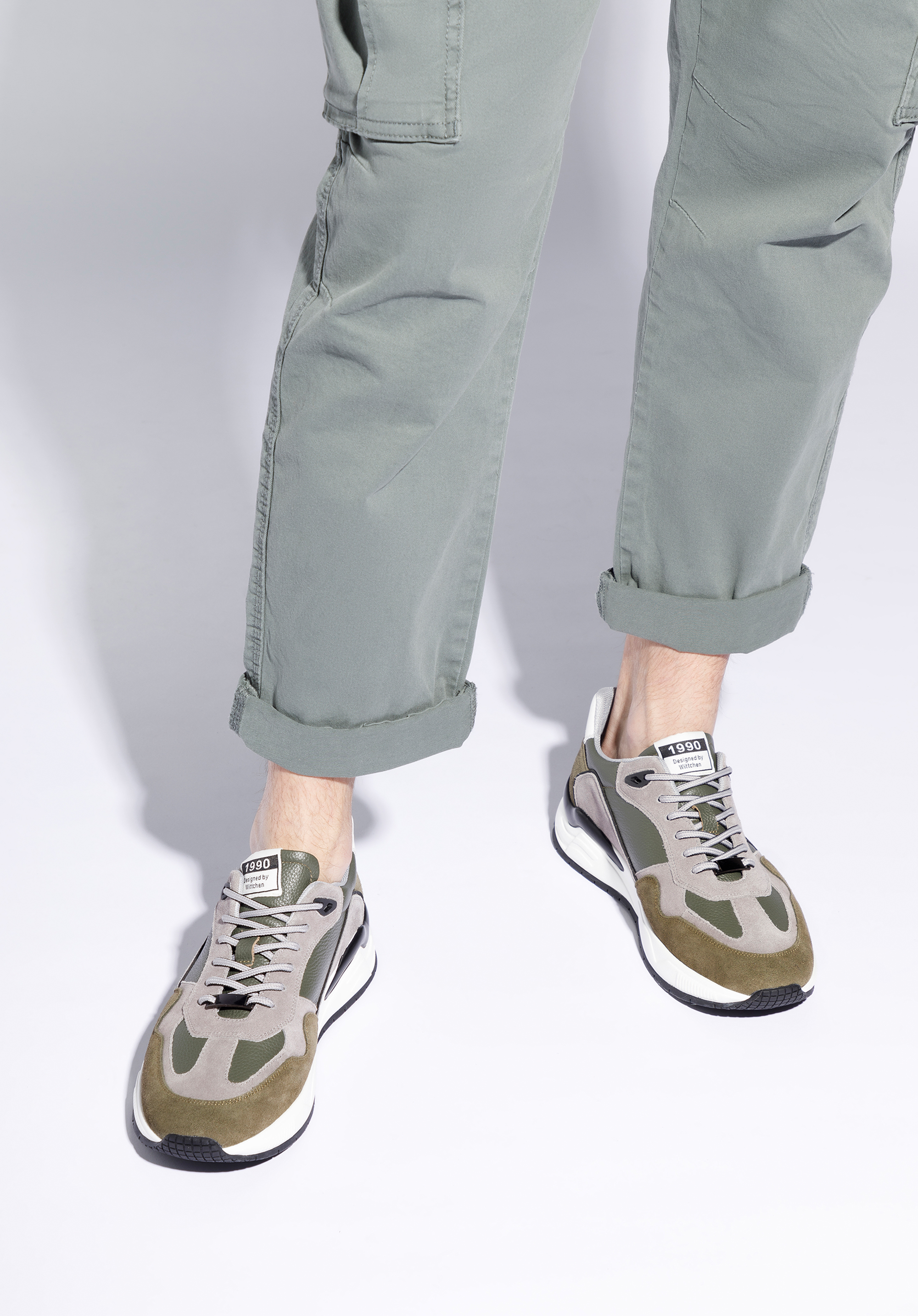 Herren-Sneakers aus Leder mit Wildledereinsätzen, Grün Grau, 96-M-950-8-43, Bild 1