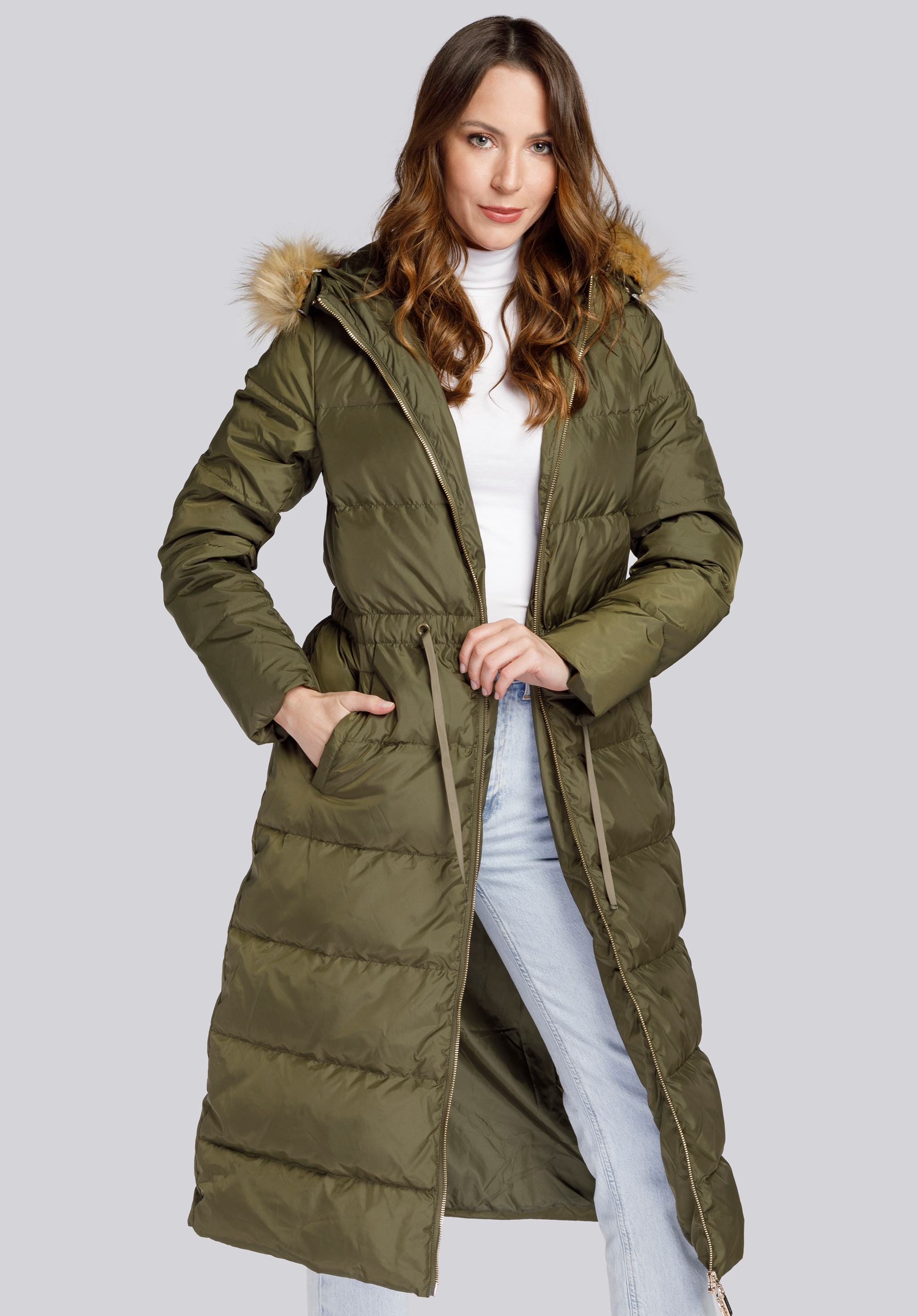 Steppmantel für Damen mit Strickbündchen in der Taille, grün, 93-9D-400-Z-L, Bild 1