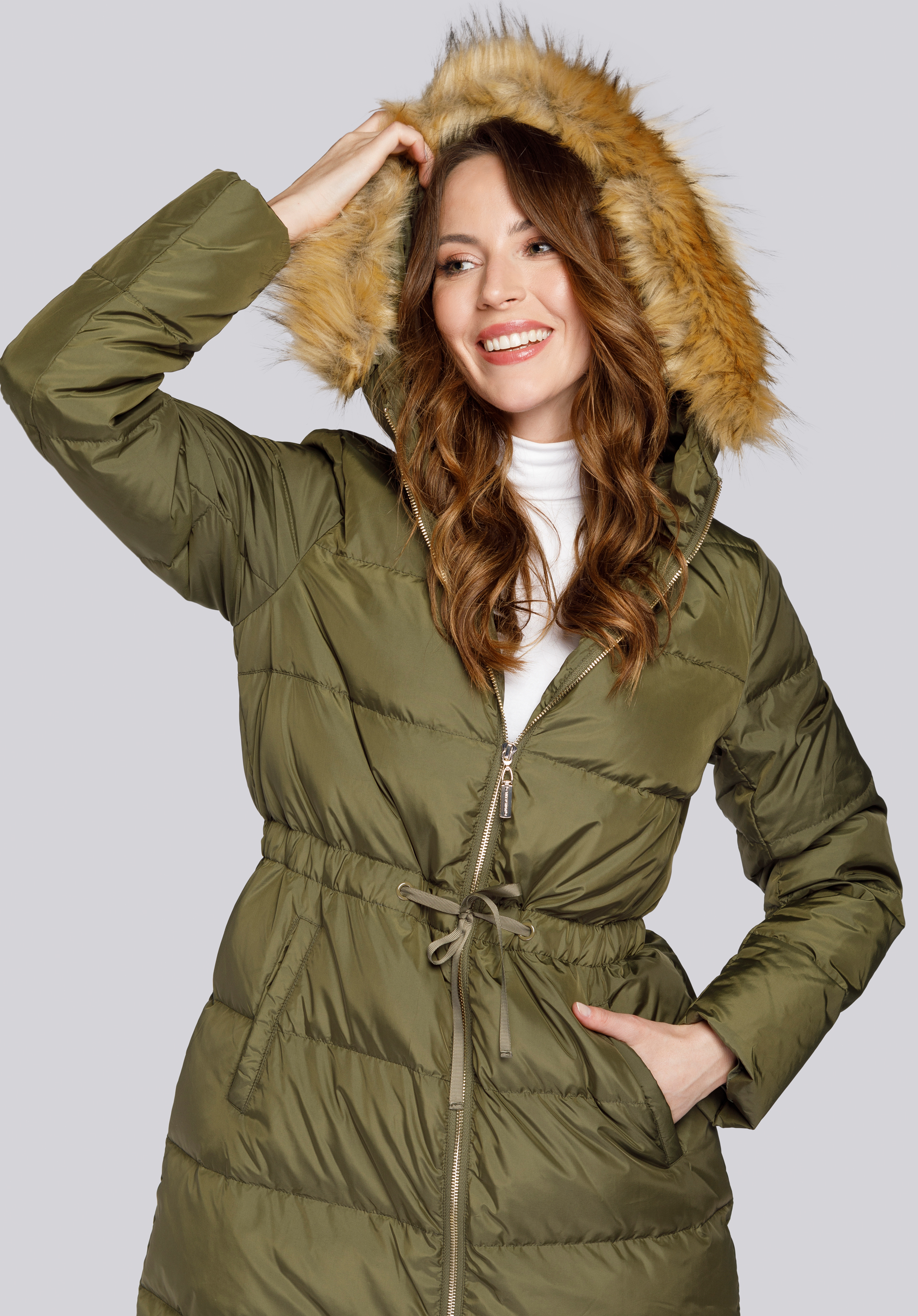 Steppmantel für Damen mit Strickbündchen in der Taille, grün, 93-9D-400-Z-L, Bild 1