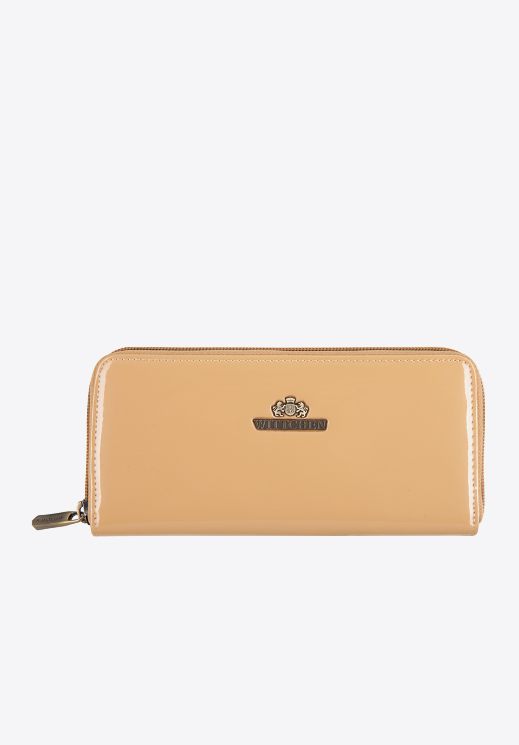 Damen-Geldbörse aus Lackleder mit Reißverschluss, hellbeige, 25-1-393-N, Bild 1