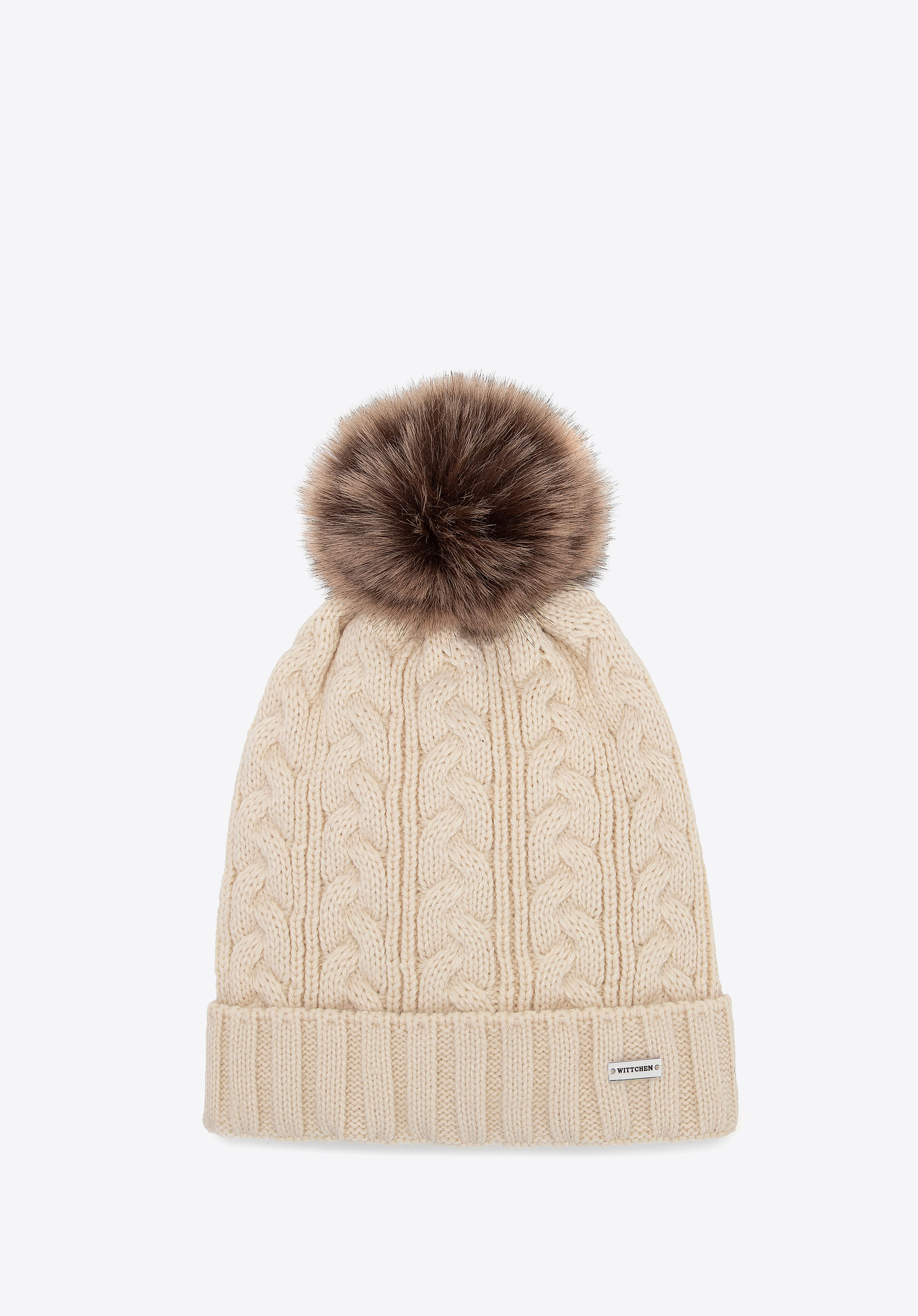 Damen Wintermütze mit Zopfmuster und Bommel, hellbeige, 101-HF-016-0, Bild 1