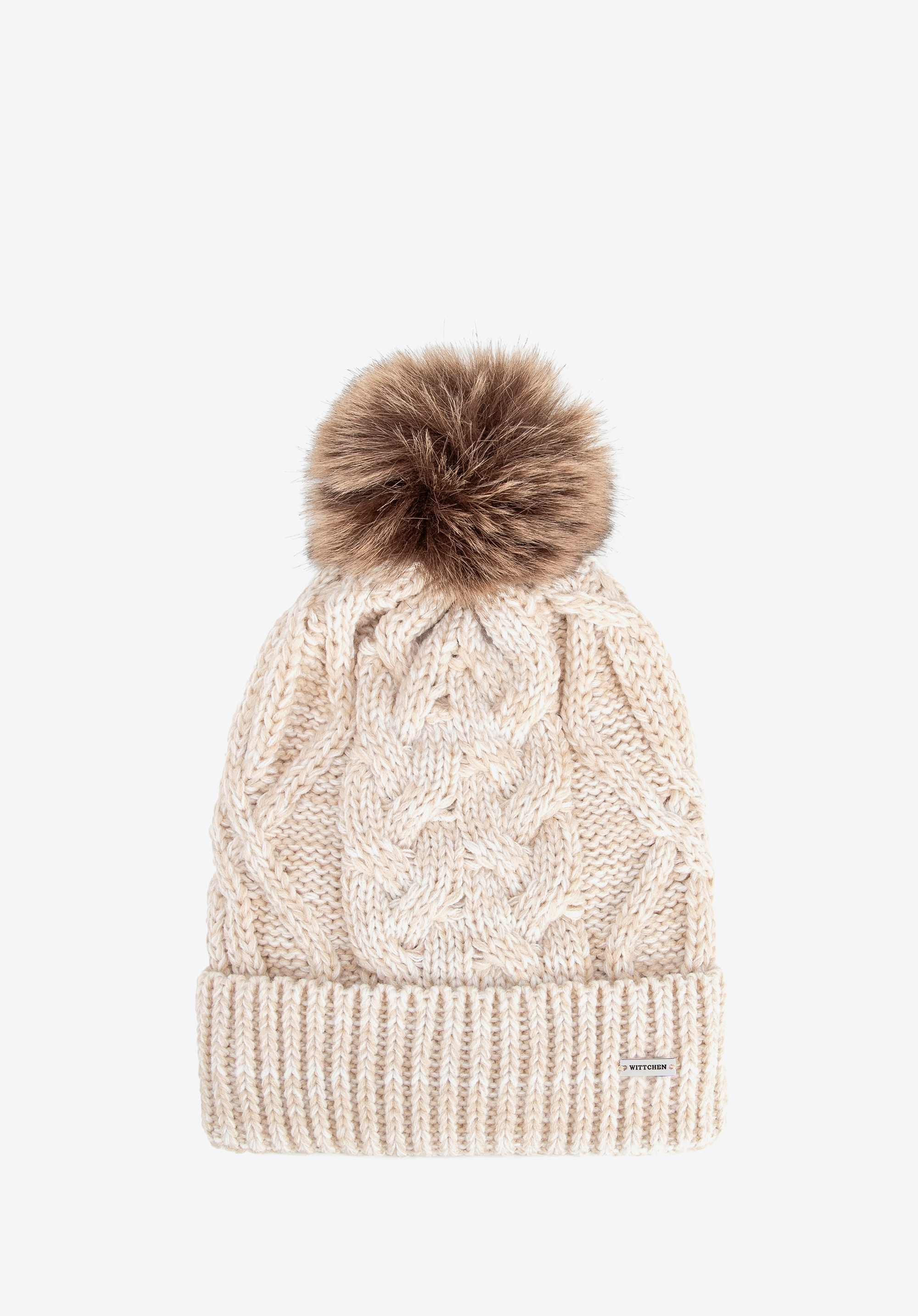 Damen-Zopfstrickmütze mit Bommel, hellbeige, 101-HF-L03-9, Bild 1