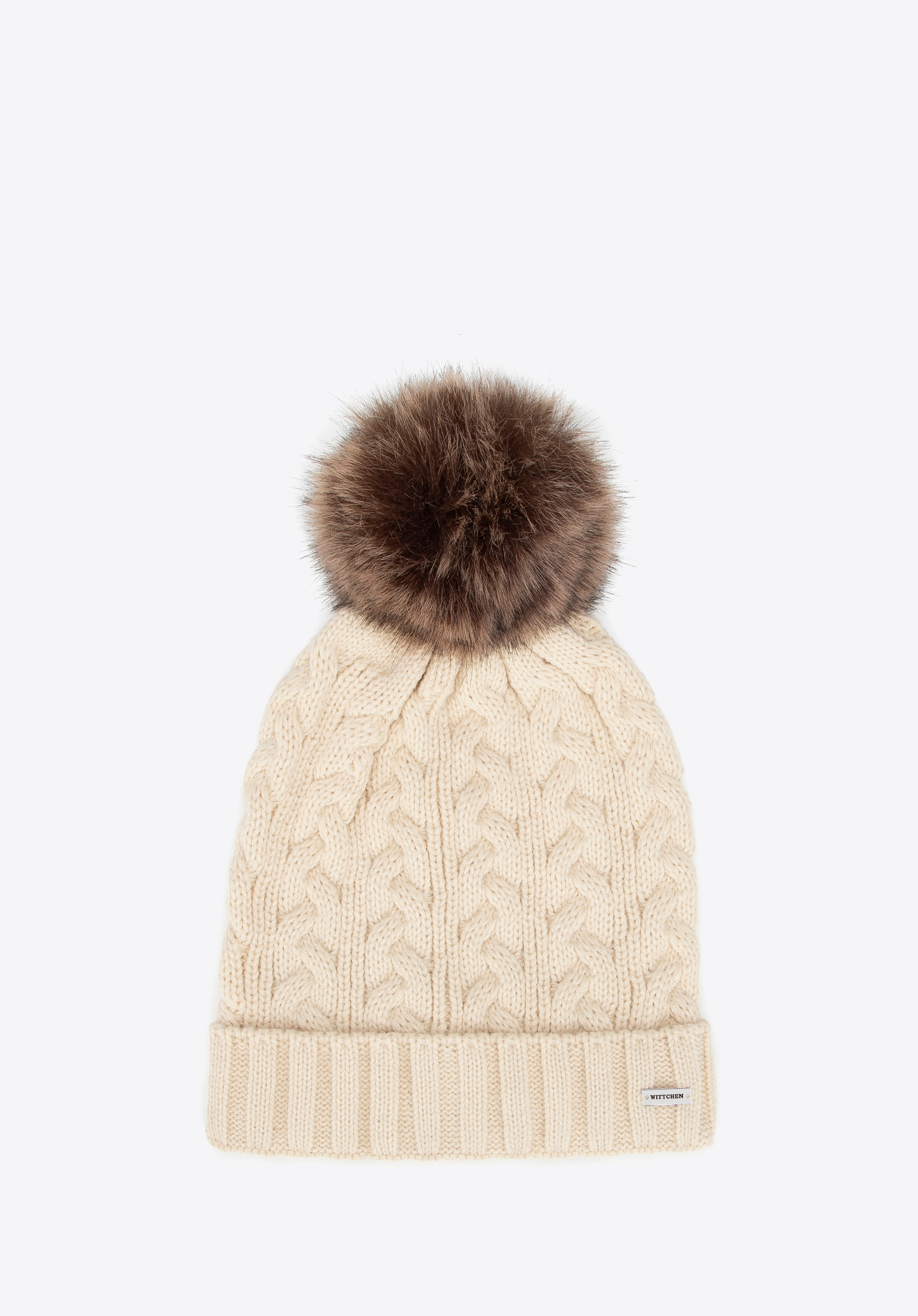 Damenmütze mit Zopfmuster und Bommel, hellbeige, 101-HF-016-0, Bild 1