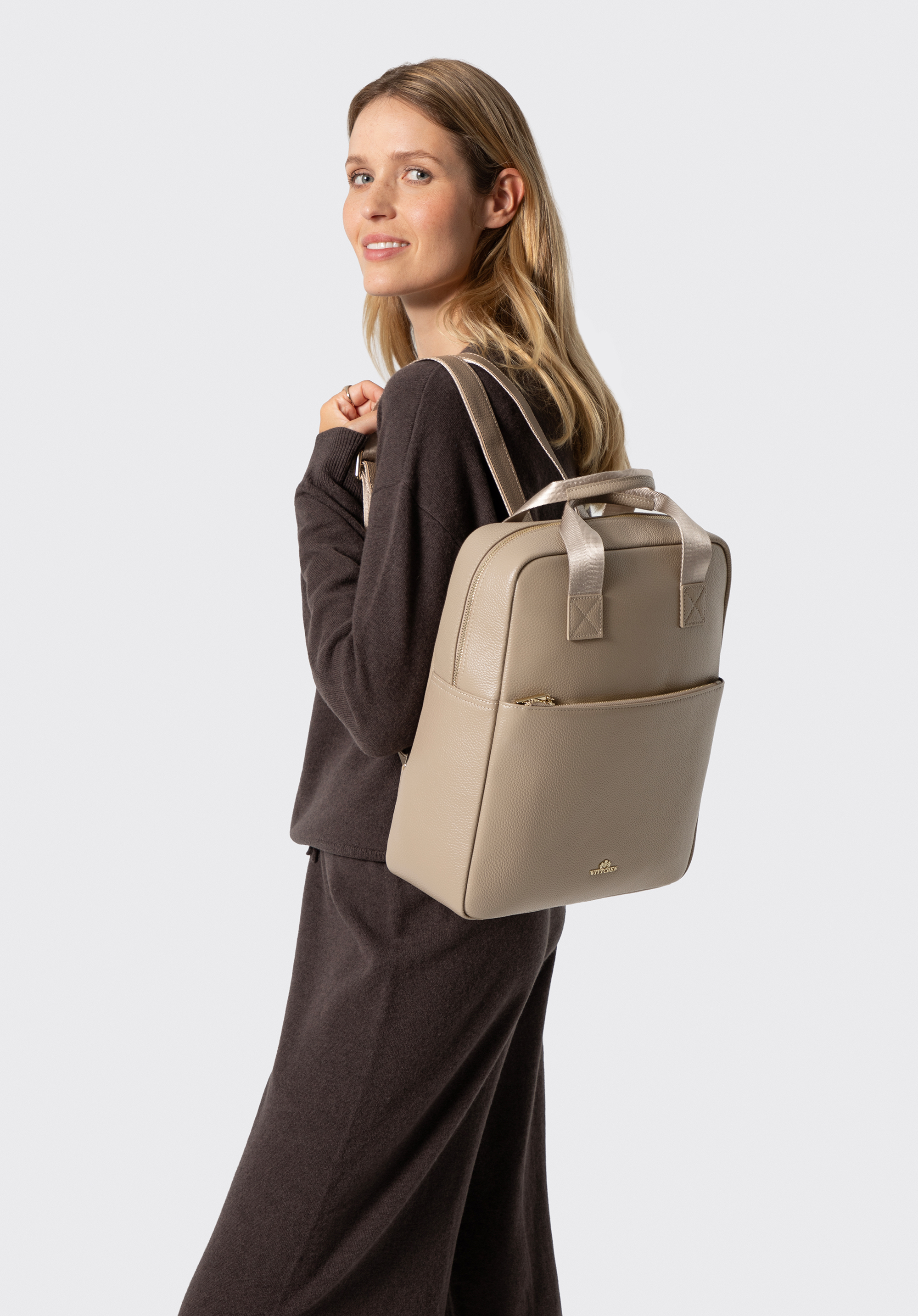 Eleganter Damen-Lederrucksack für 15-Zoll-Laptops, hellbeige, 103-4E-624-0, Bild 1