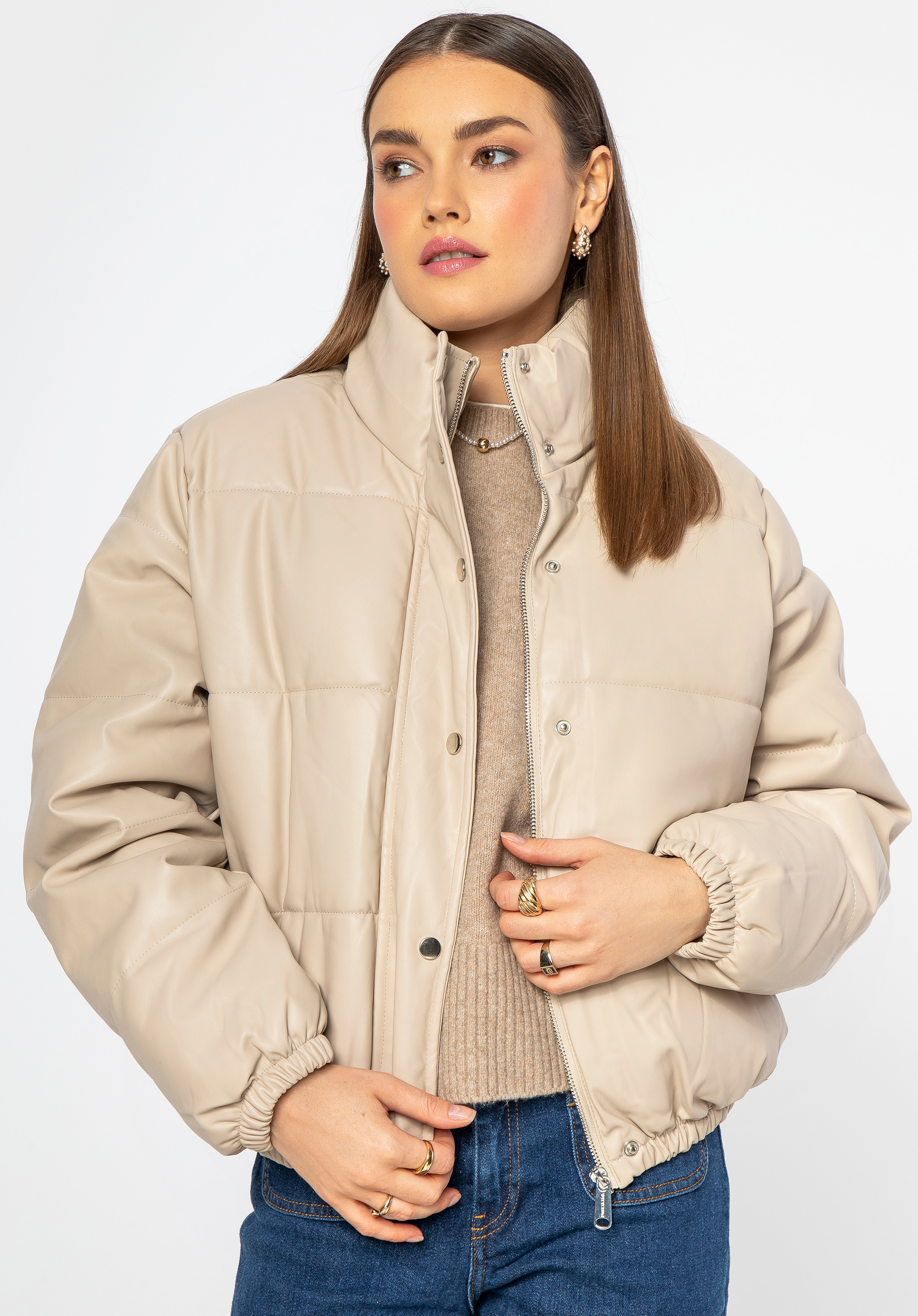 Pufferjacke für Damen aus Öko-Leder, hellbeige, 95-9D-100-9-3XL, Bild 1