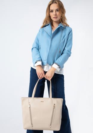 Shopper-Tasche aus Öko-Leder mit vertikalen Reißverschlüssen, hellbeige, 97-4Y-530-9, Bild 1