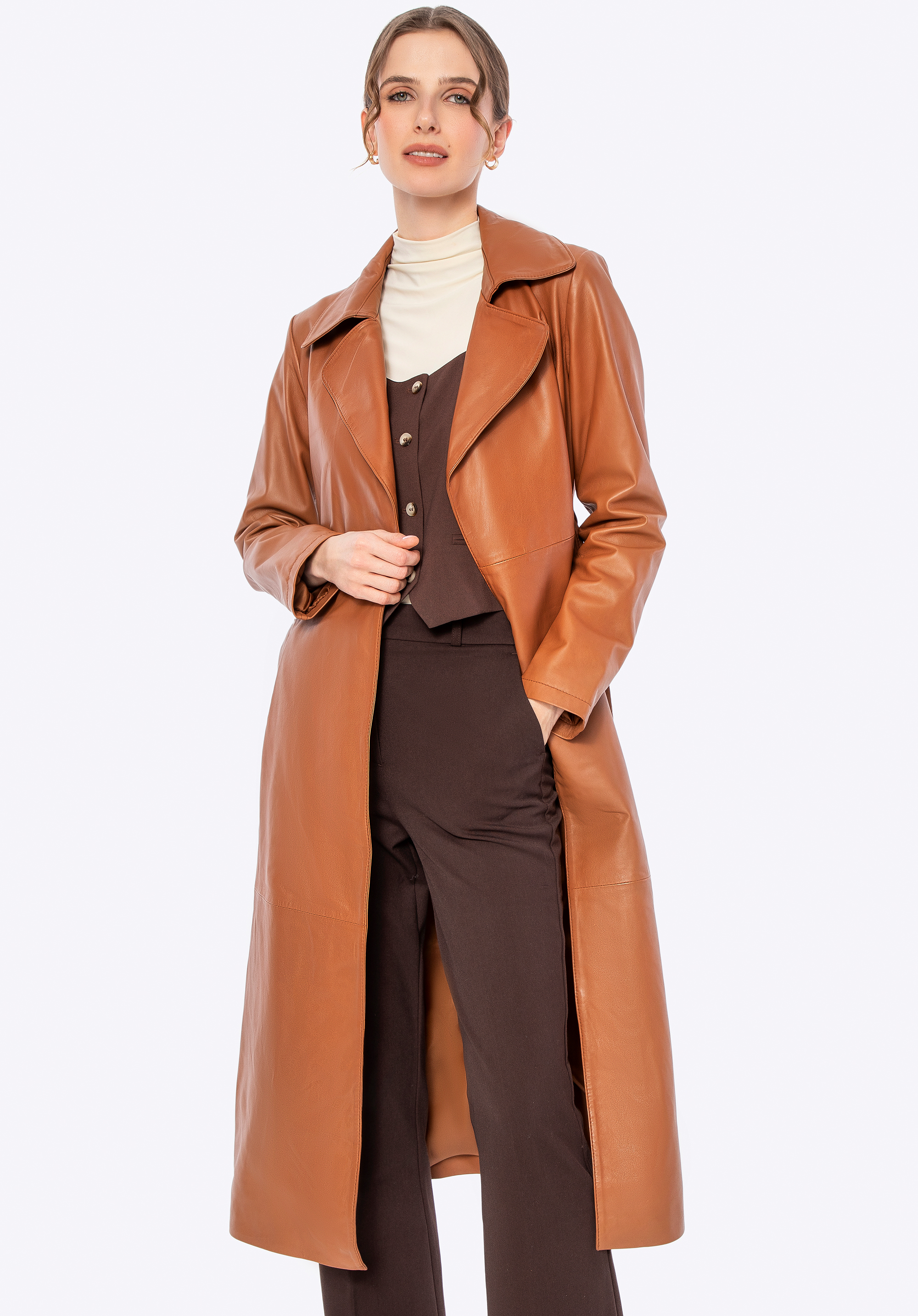 Damen Ledermantel mit Gürtel, hellbraun, 100-09-811-5-L, Bild 1