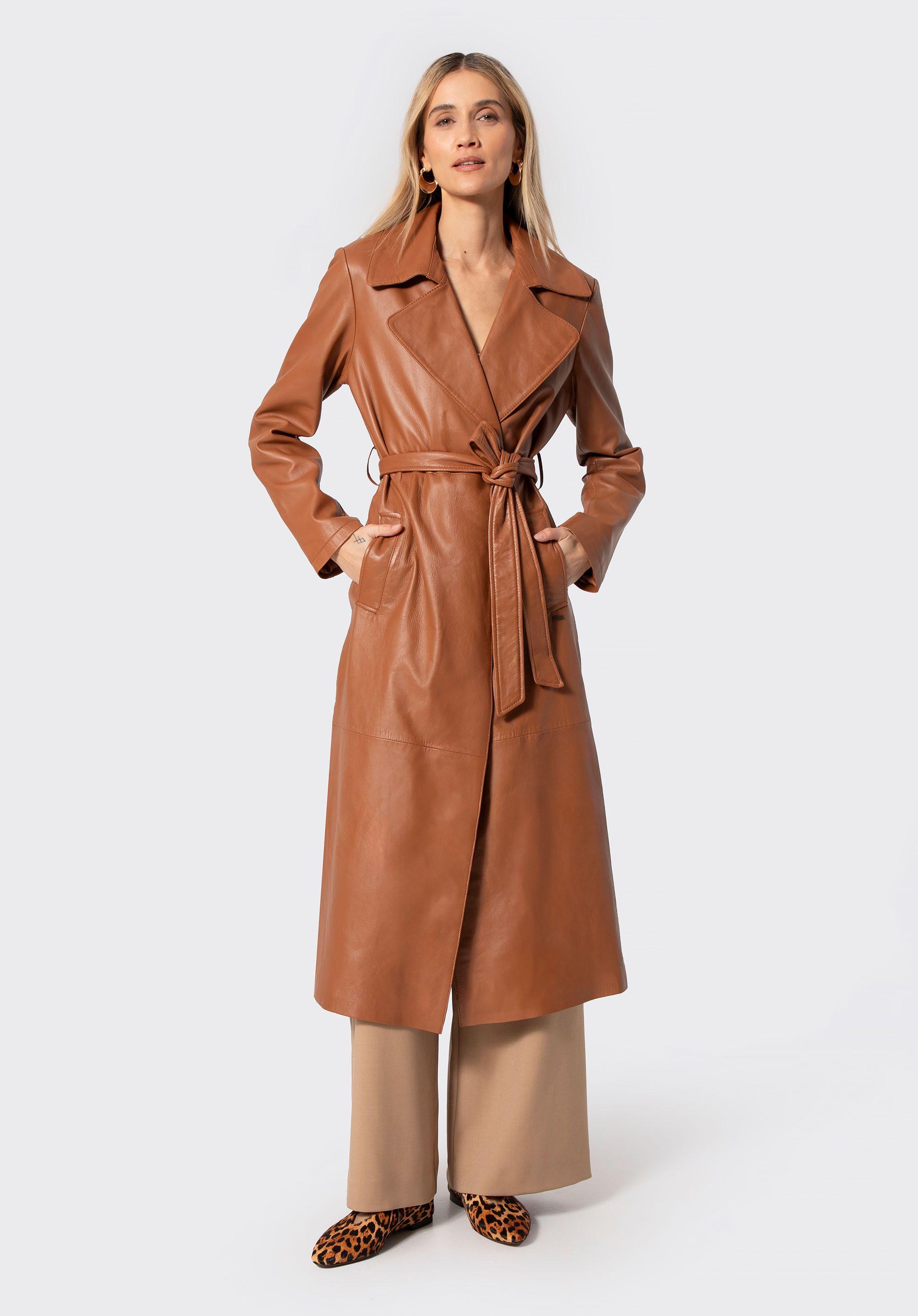 Damen Ledermantel mit Gürtel, hellbraun, 100-09-811-0-L, Bild 1