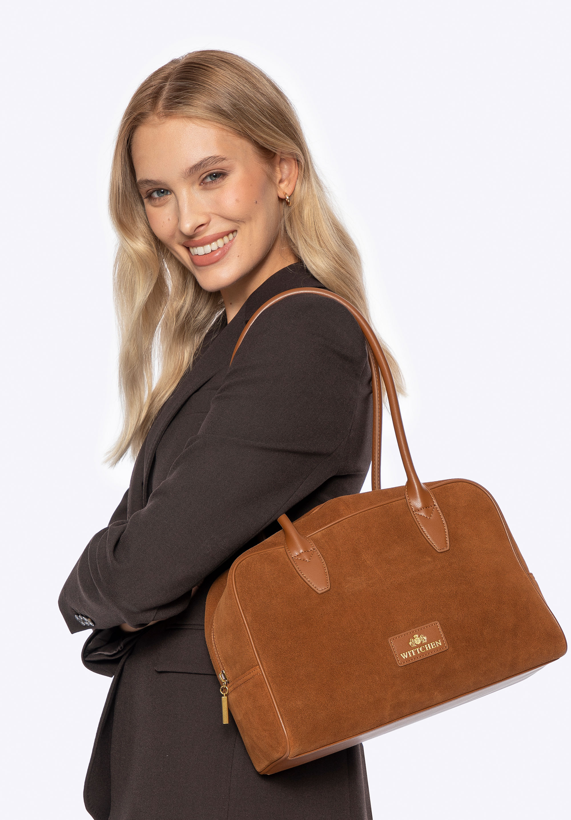 Damen-Shopper aus Leder mit Wildleder-Finish, hellbraun, 101-4E-620-5, Bild 1