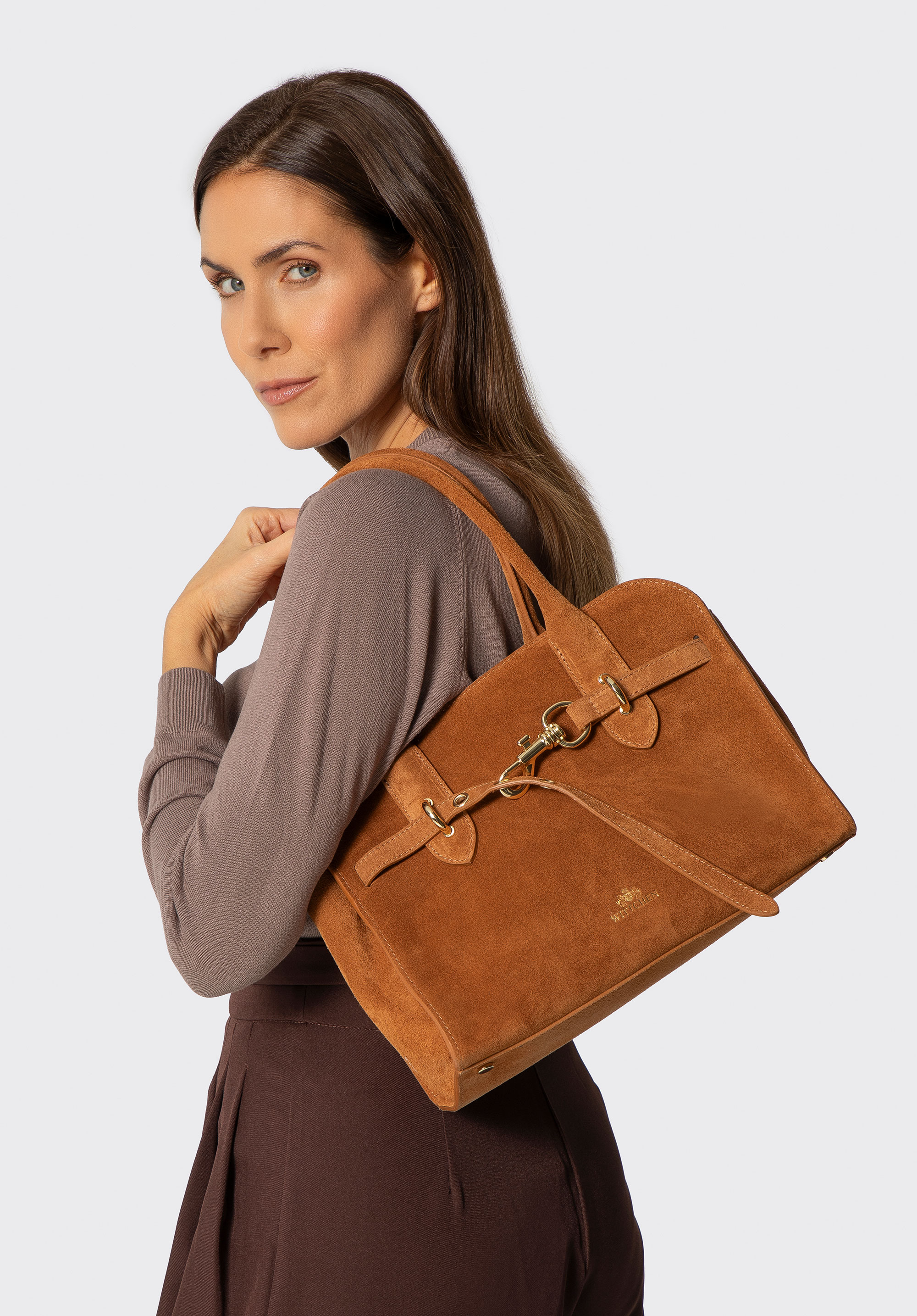 Damen-Shopper aus Wildleder mit dekorativem Verschluss, hellbraun, 102-4E-001-5, Bild 1