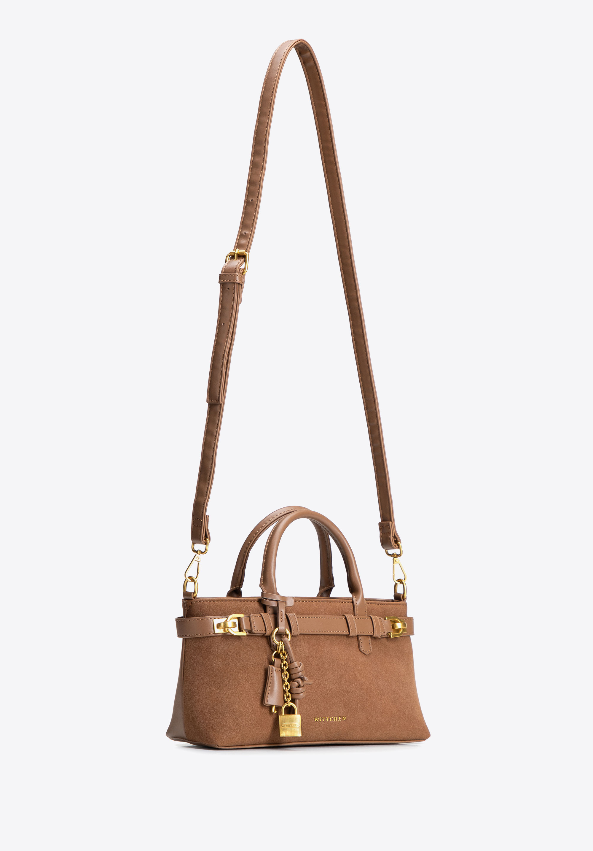 Damen-Tragetasche aus kontrastierenden Materialien mit dekorativem Charme, hellbraun, 104-4Y-507-5, Bild 1