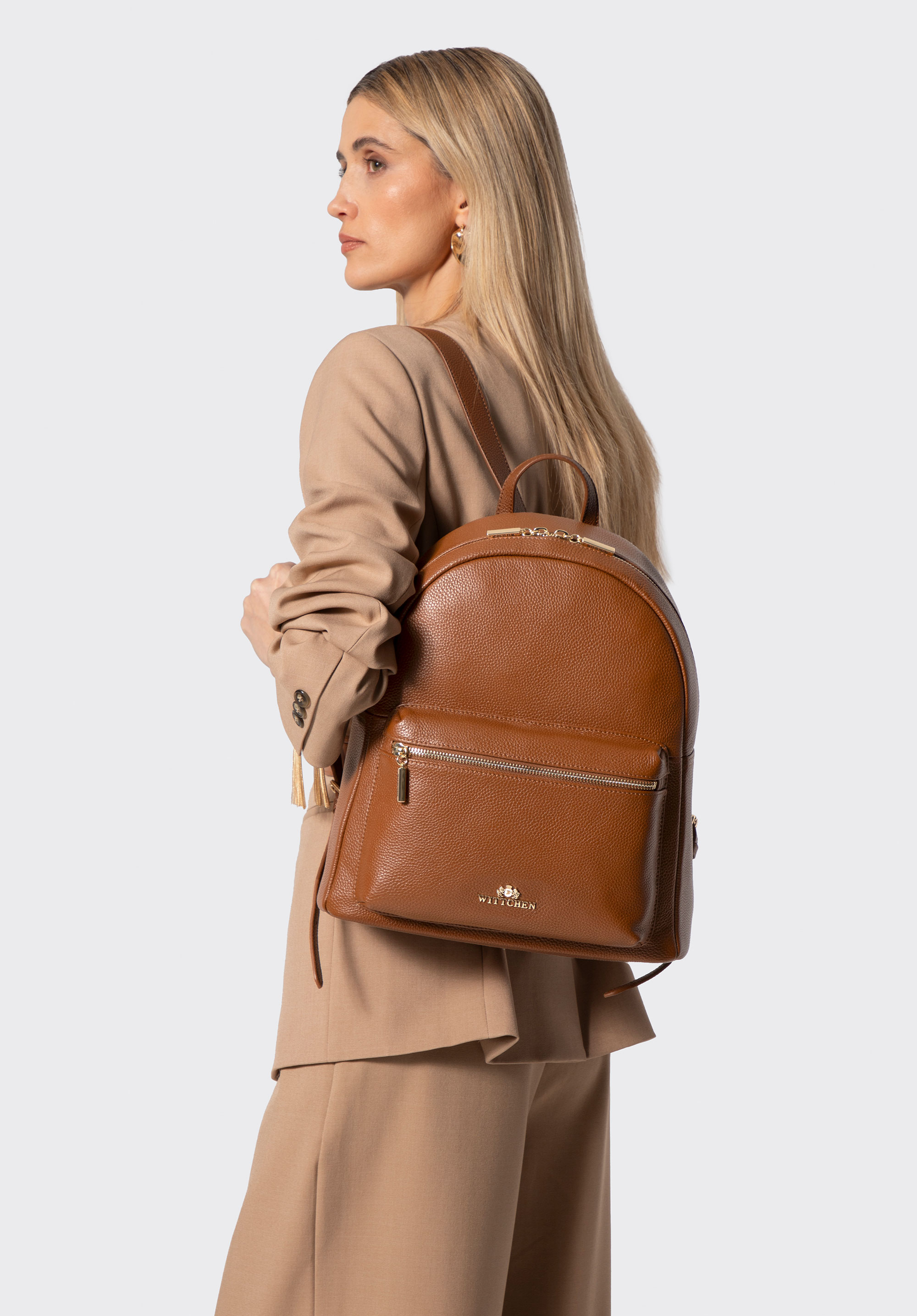 Großer Damenrucksack aus genarbtem Naturleder, hellbraun, 102-4E-621-5, Bild 1