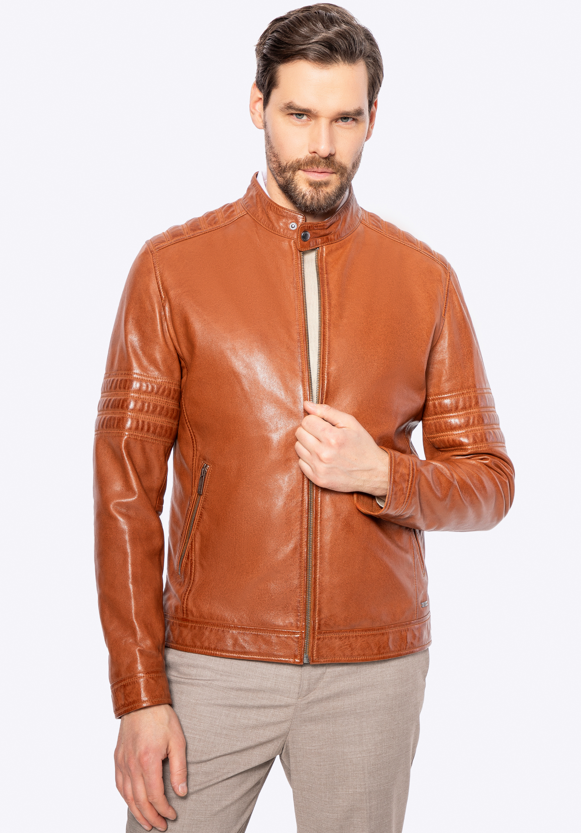 Herren Bikerjacke aus Leder mit Nähten, hellbraun, 100-09-808-5-2XL, Bild 1