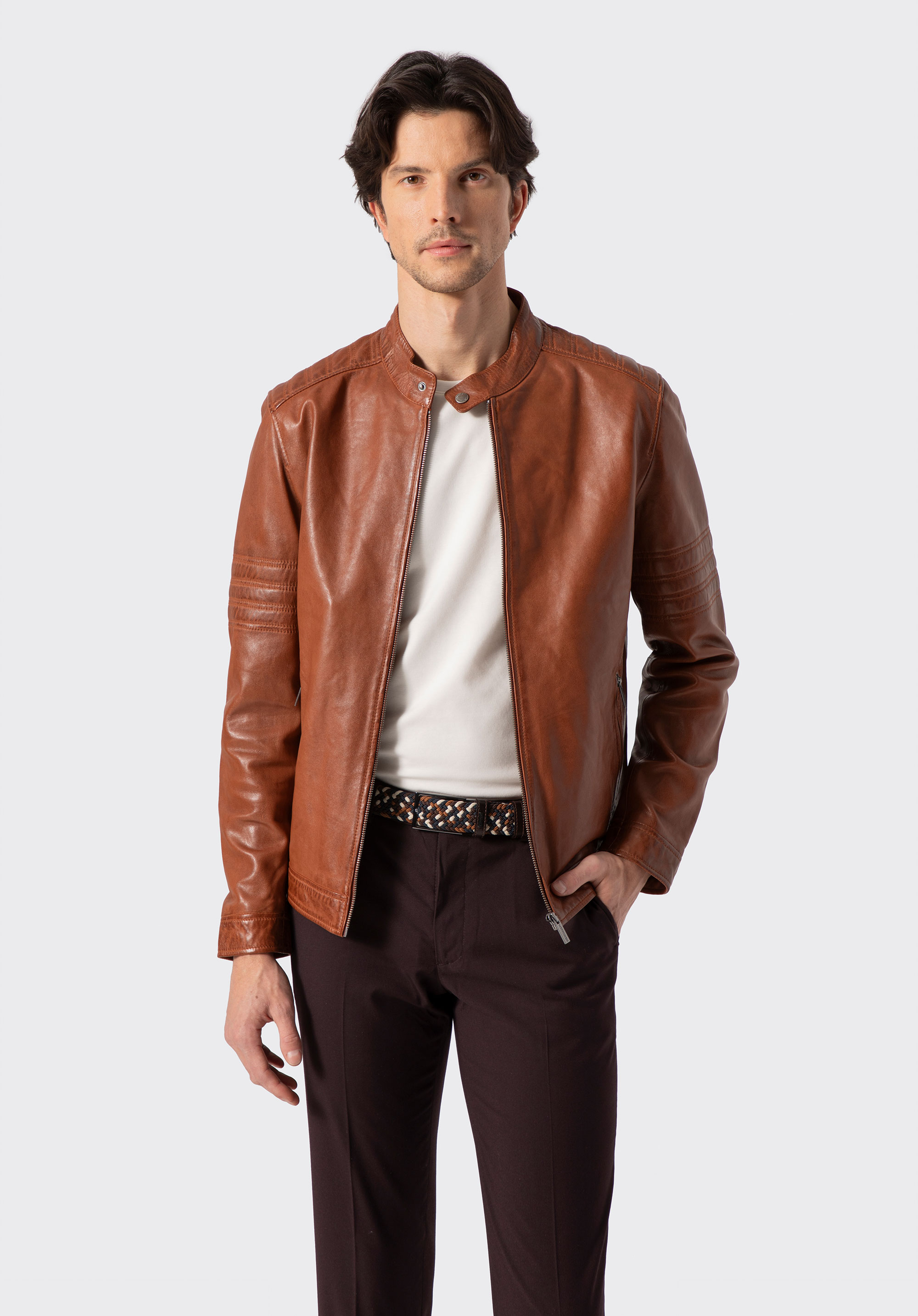 Herren Bikerjacke aus Leder mit Nähten, hellbraun, 100-09-808-5-XL, Bild 1