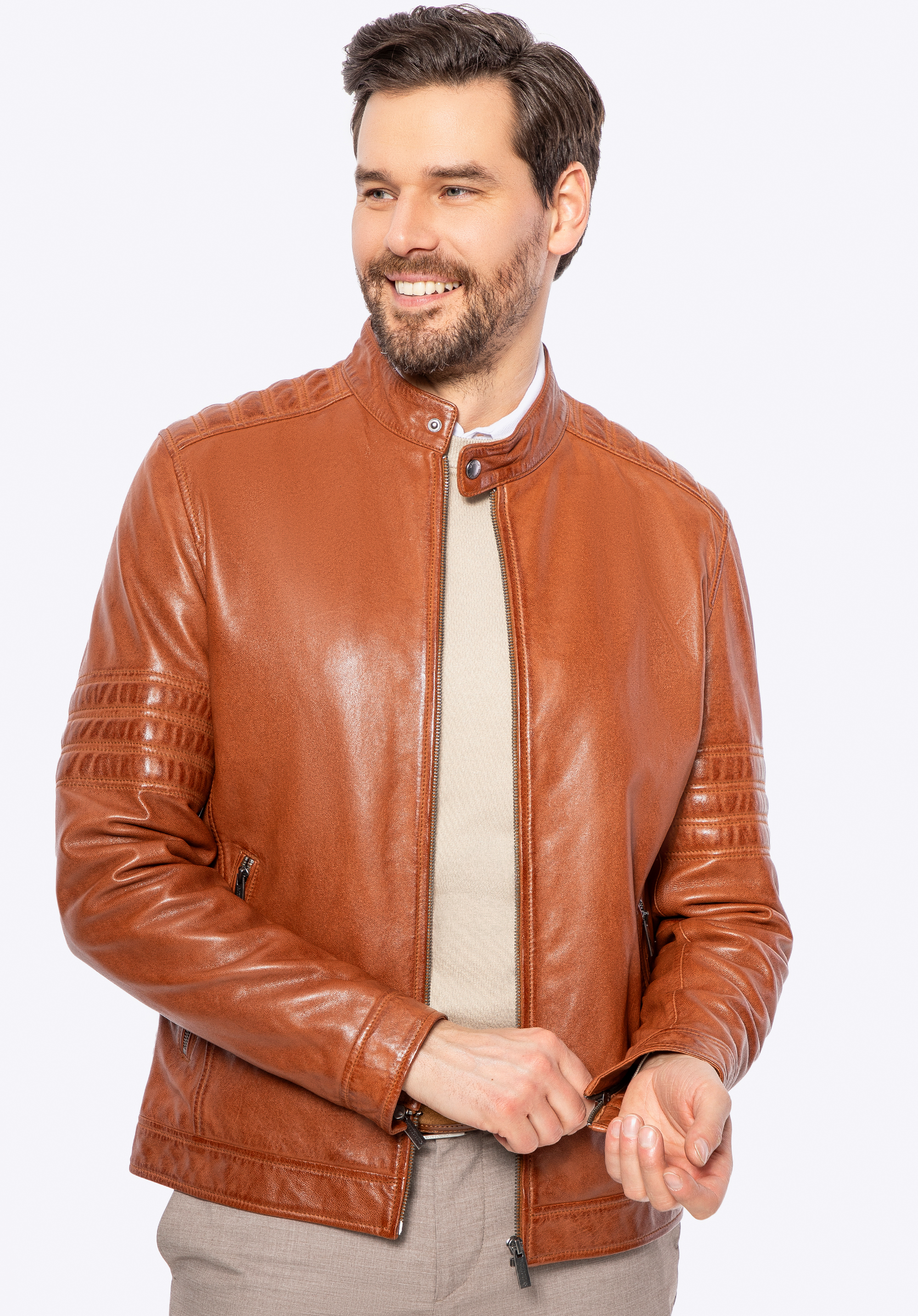 Herren Bikerjacke aus Leder mit Nähten, hellbraun, 100-09-808-5-2XL, Bild 1