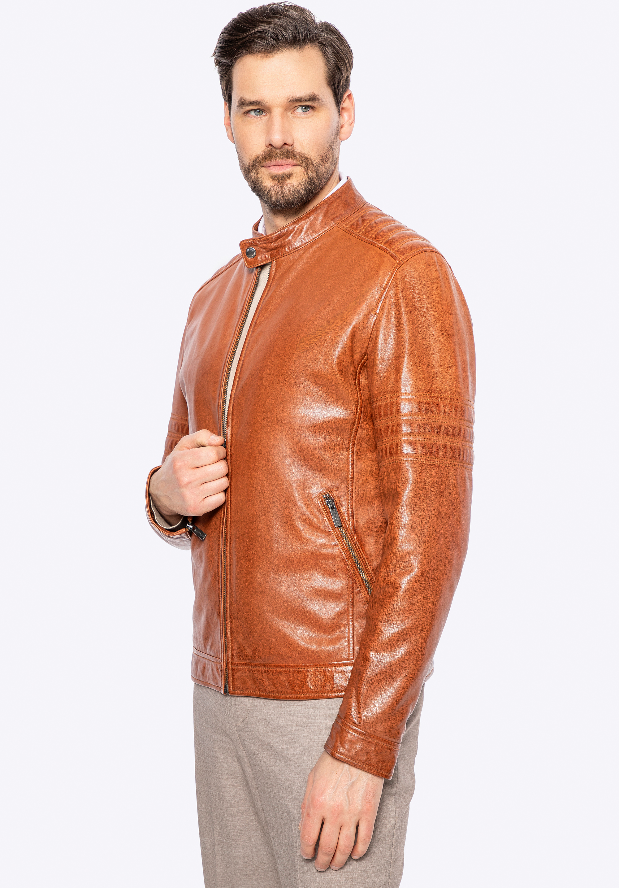 Herren Bikerjacke aus Leder mit Nähten, hellbraun, 100-09-808-5-M, Bild 1