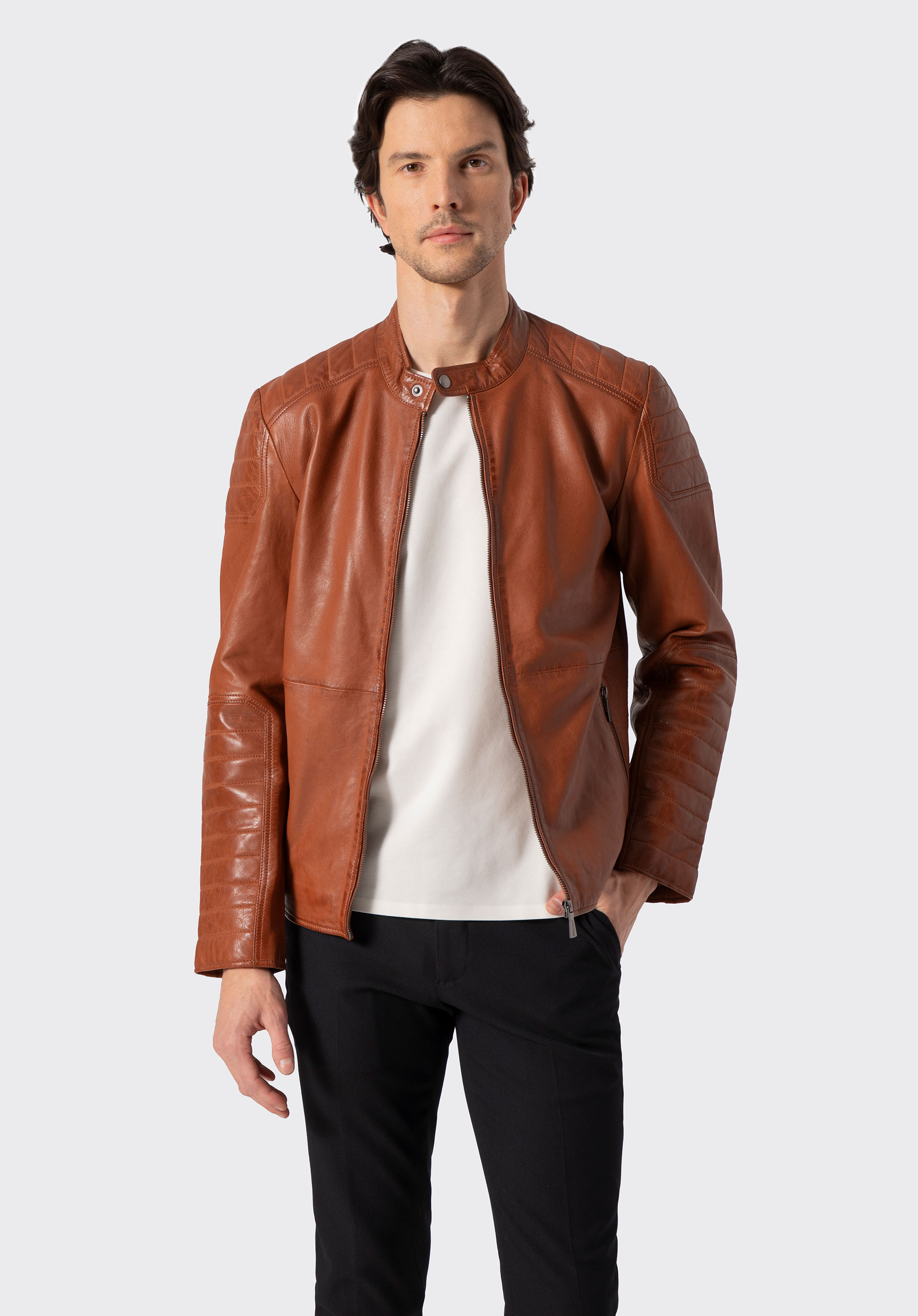 Herren Lederjacke mit gesteppten Einsätzen, hellbraun, 100-09-410-5-2XL, Bild 1