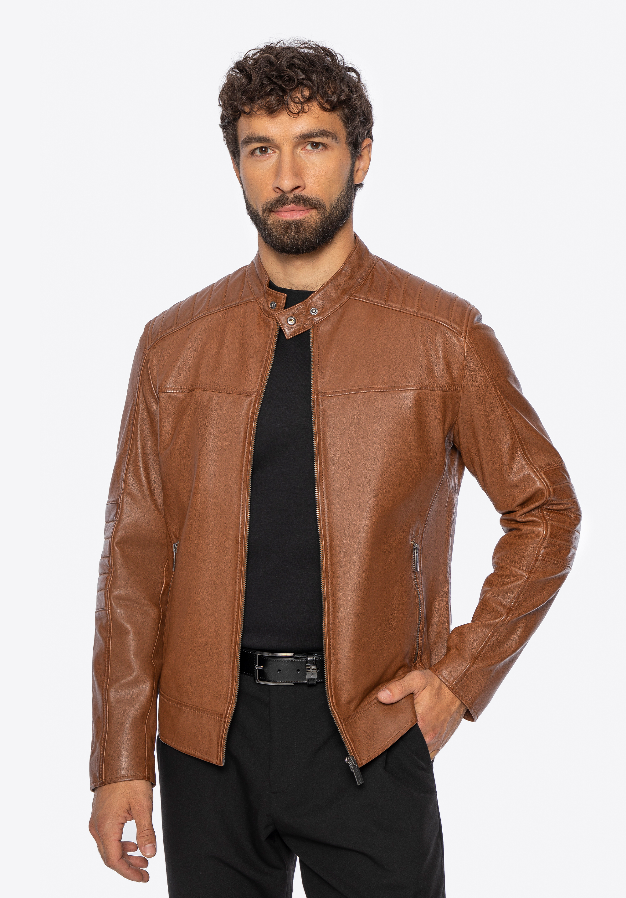 Herren Lederjacke mit Stehkragen, hellbraun, 101-09-852-5-XL, Bild 1