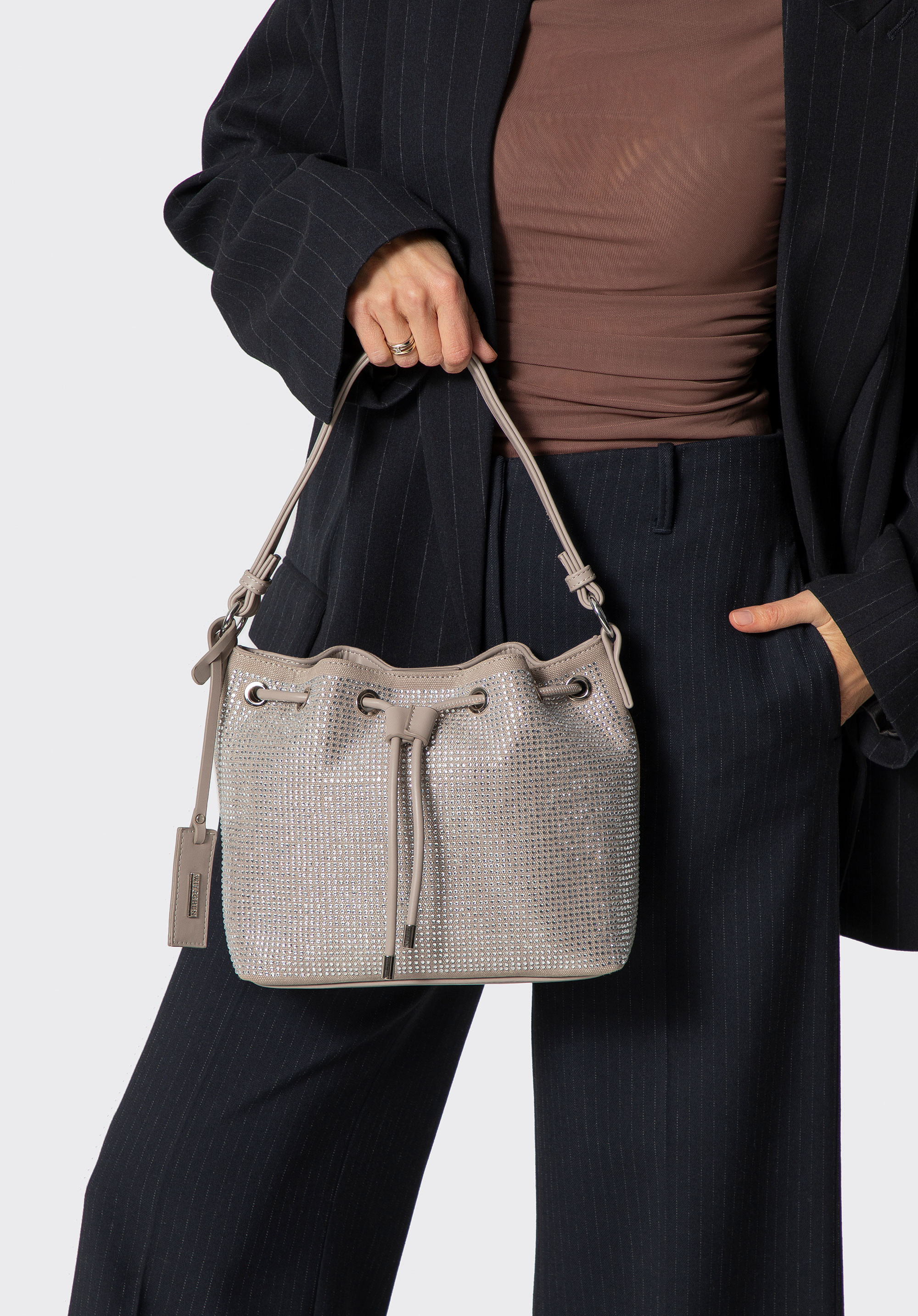 Damen Hobo Bag mit dekorativen Strass-Details, hellgrau, 101-4Y-716-8, Bild 1