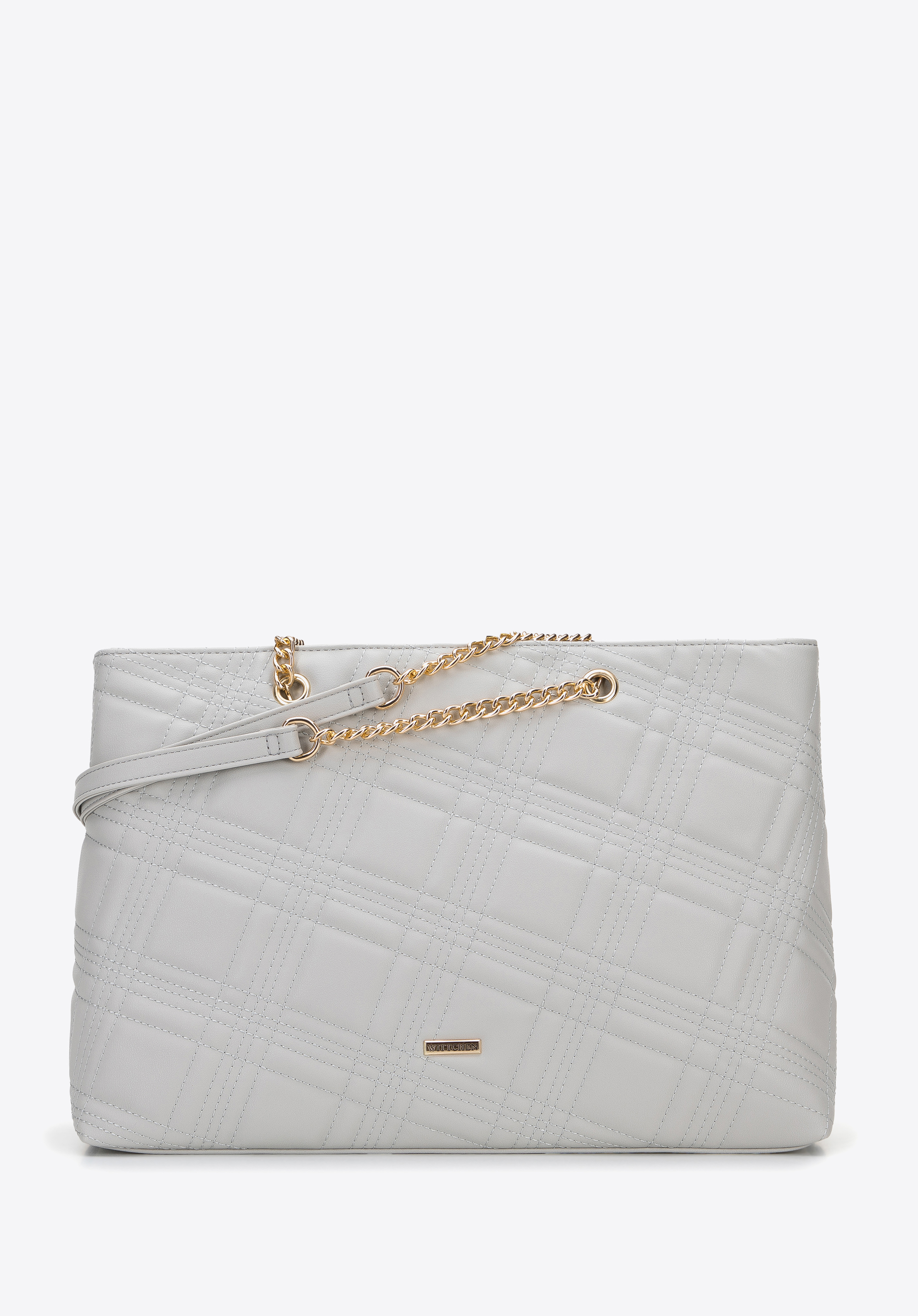 Shopper-Tasche aus gestepptem Öko-Leder an einer Kette, hellgrau, 96-4Y-210-1, Bild 1