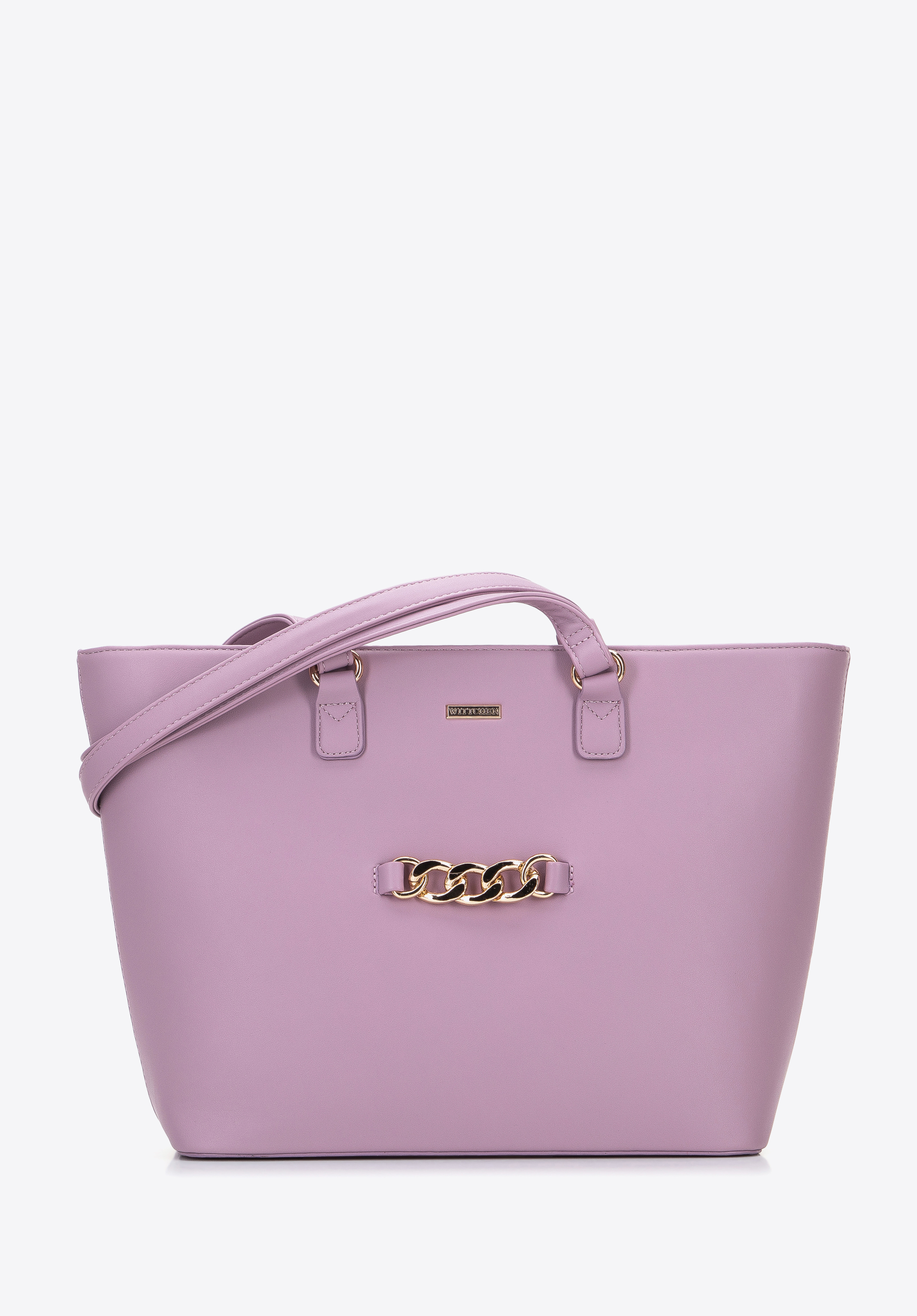 Shopper-Tasche für Damen mit Kette auf der Vorderseite, helllila, 96-4Y-623-F, Bild 1