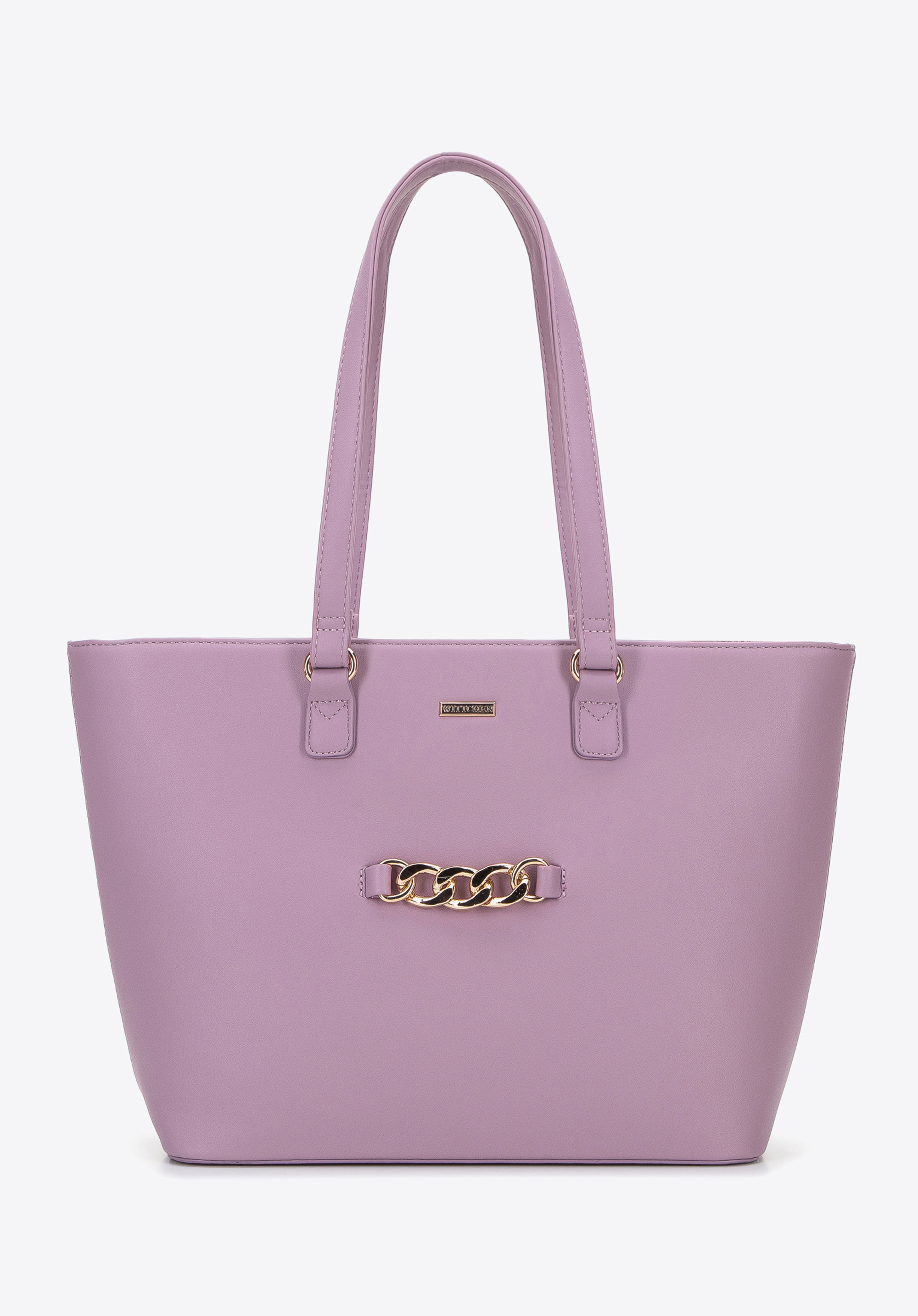 Shopper-Tasche für Damen mit Kette auf der Vorderseite, helllila, 96-4Y-623-F, Bild 1