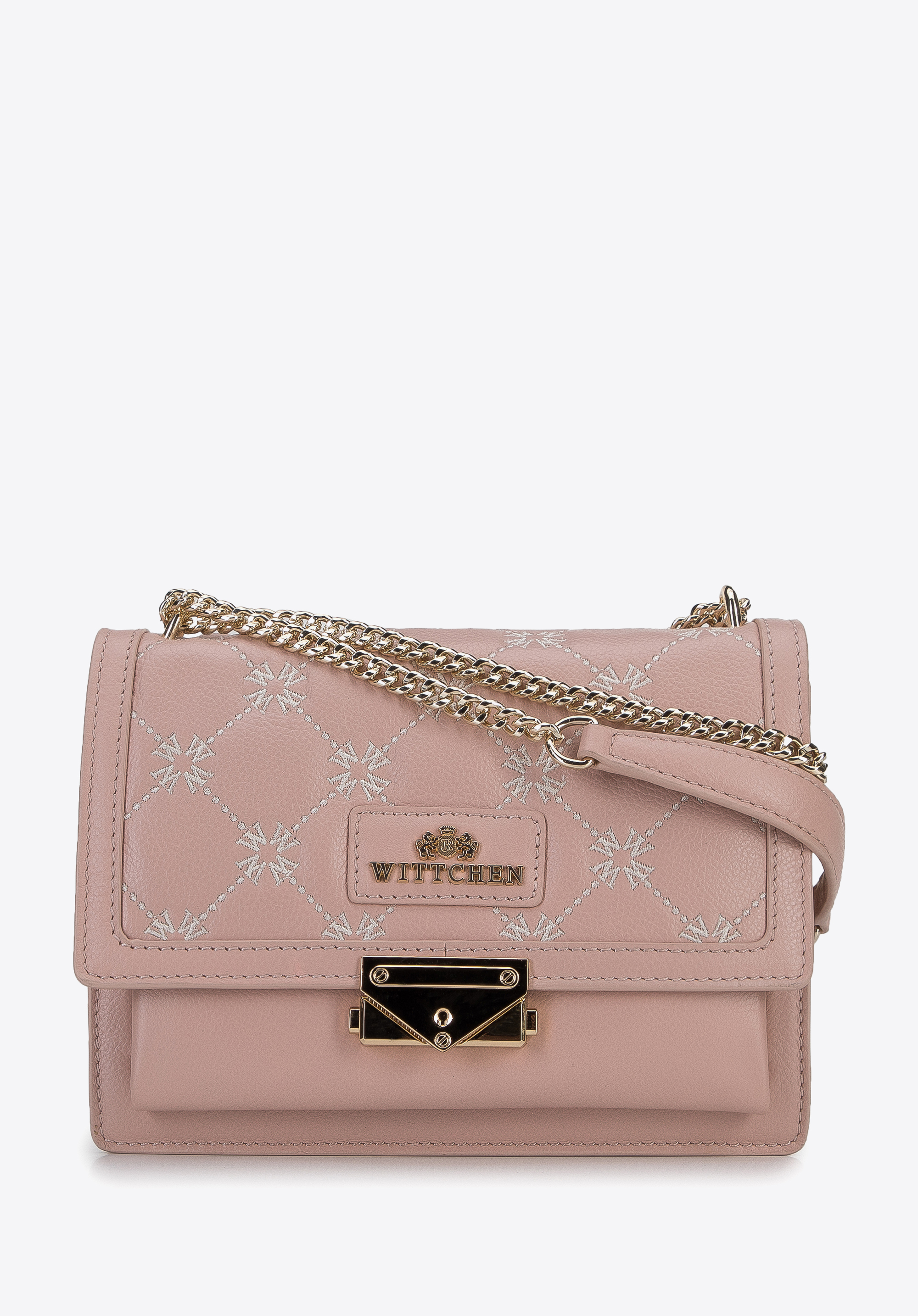 Damen-Umhängetasche aus Leder mit gesticktem Monogramm, helllrosa, 96-4E-015-P, Bild 1