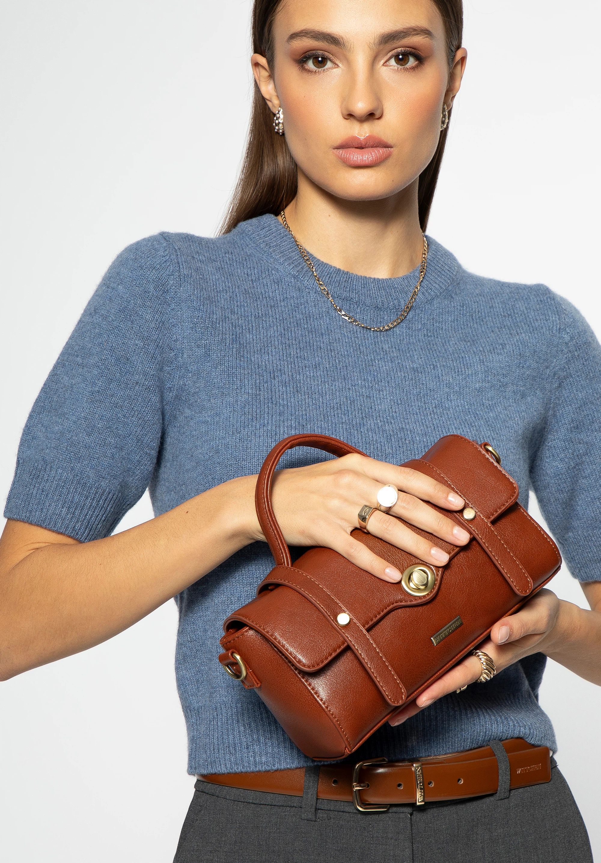 Dámská crossbody kabelka s ozdobným zapínáním, hnědá, 99-4Y-509-4, Obrázek 1