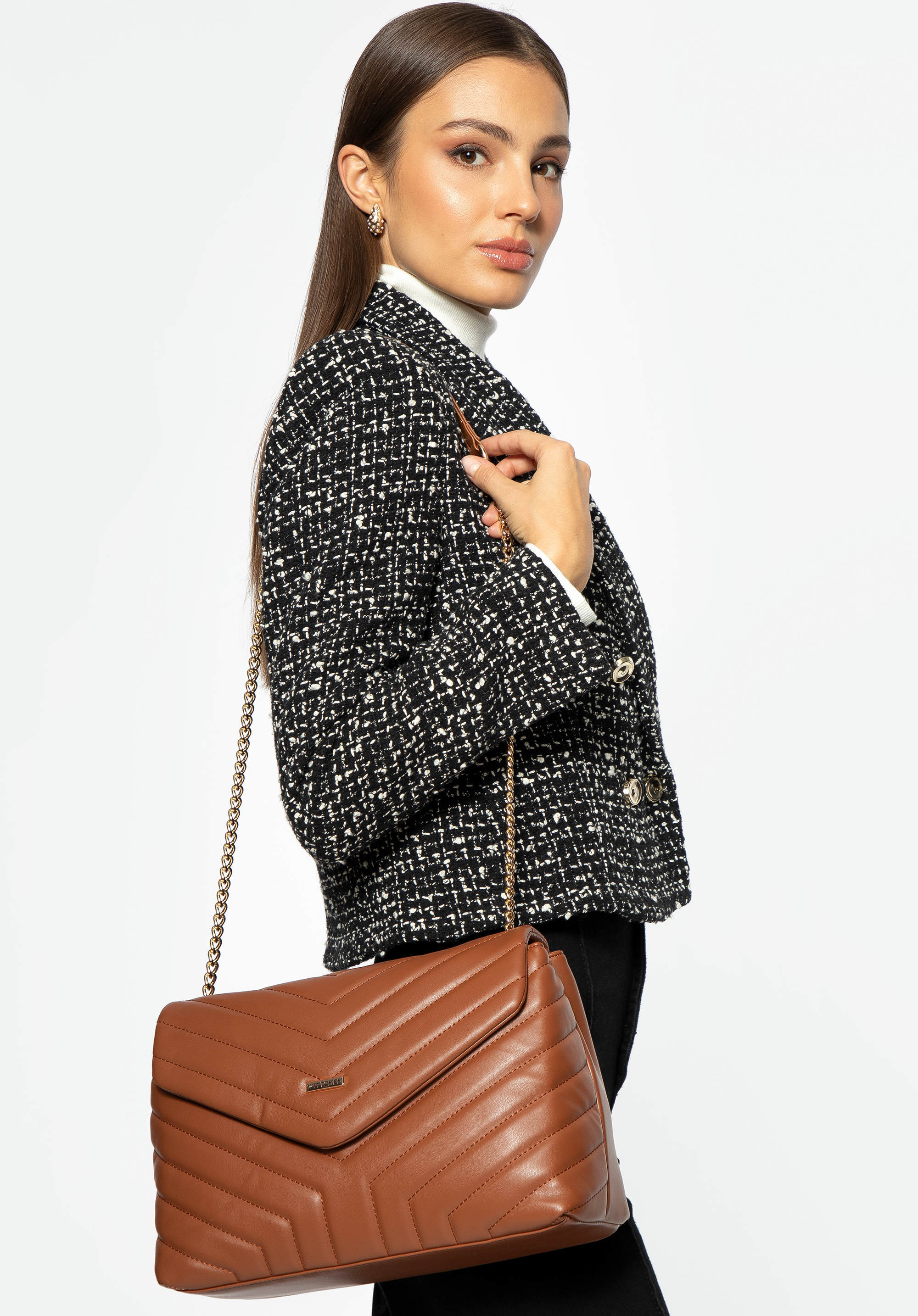 Dámská crossbody kabelka s řetízkovým detailem, hnědá, 99-4Y-514-5, Obrázek 1