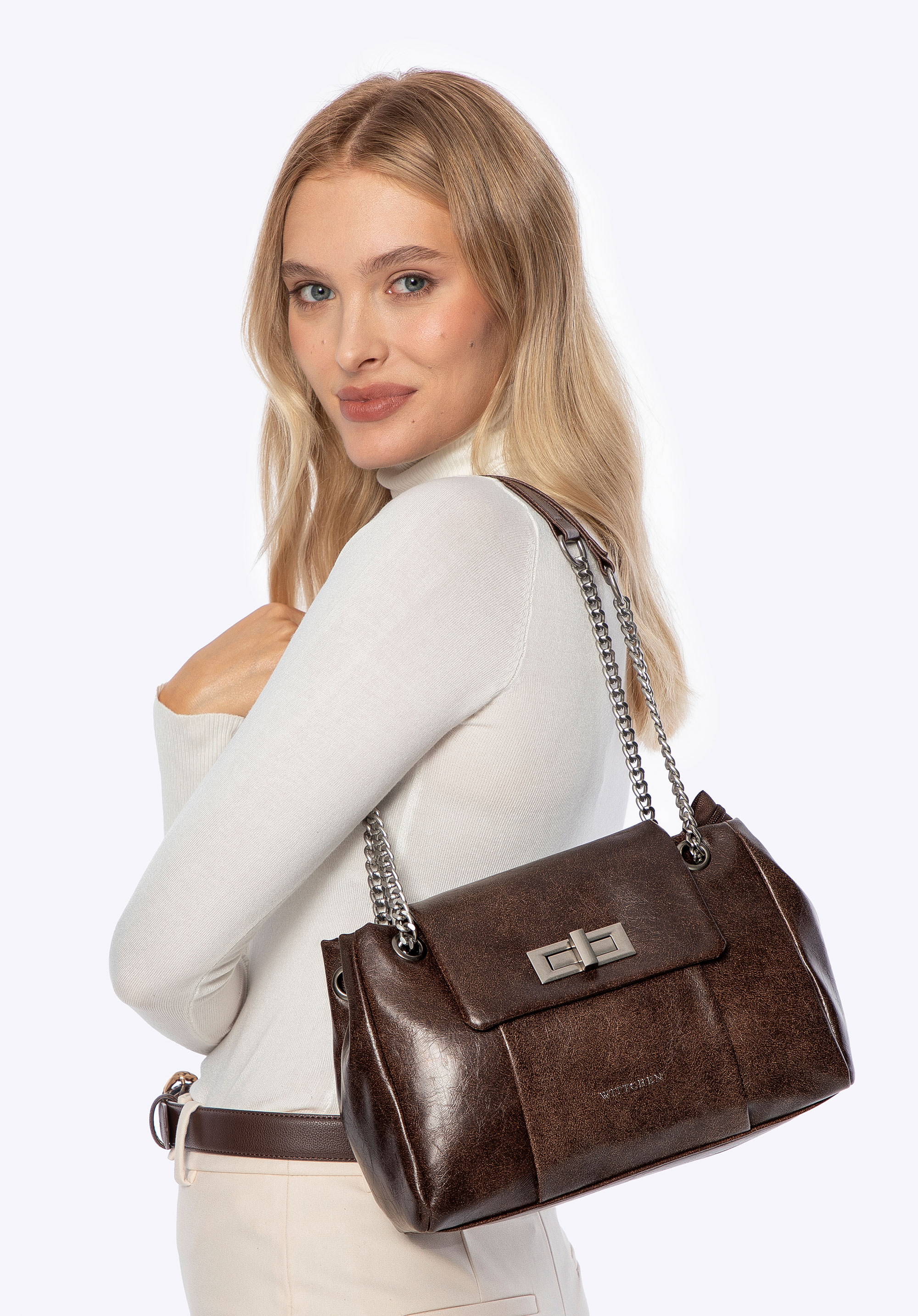 Dámská crossbody kabelka z umělé kůže s řetízkovým popruhem, hnědá, 101-4Y-410-4, Obrázek 1