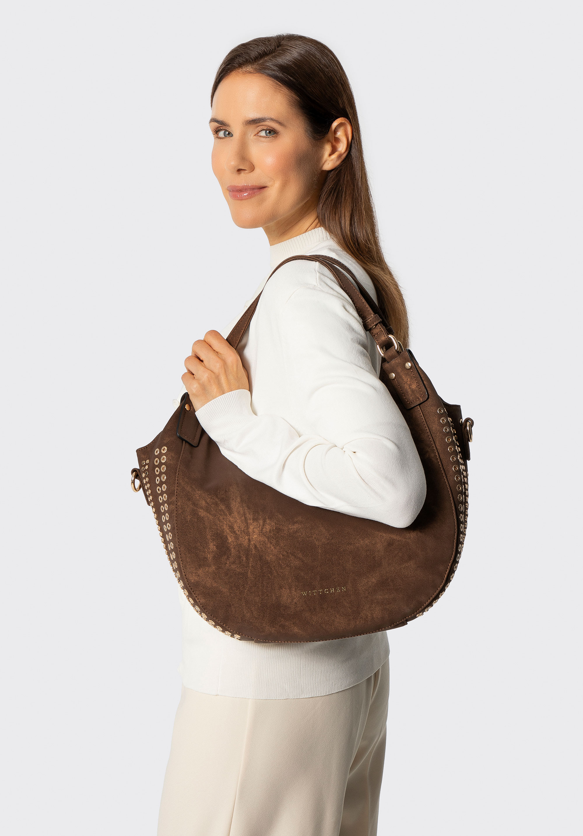 Dámská hobo kabelka s ozdobnými cvočky, hnědá, 101-4Y-711-4, Obrázek 1