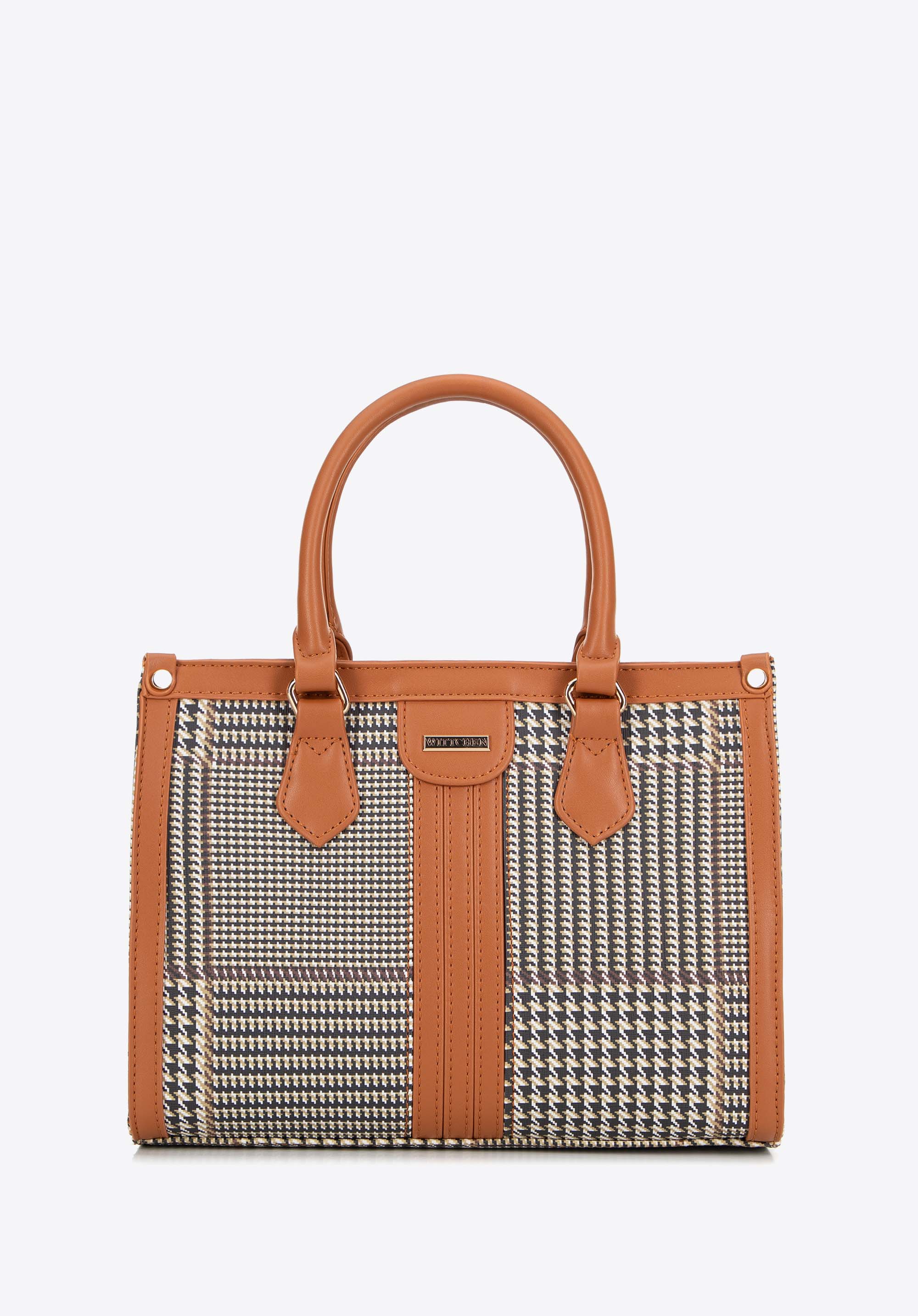 Dámska kabelka s houndstooth z umelej kože, hnedá, 99-4Y-618-5, Obrázok 1