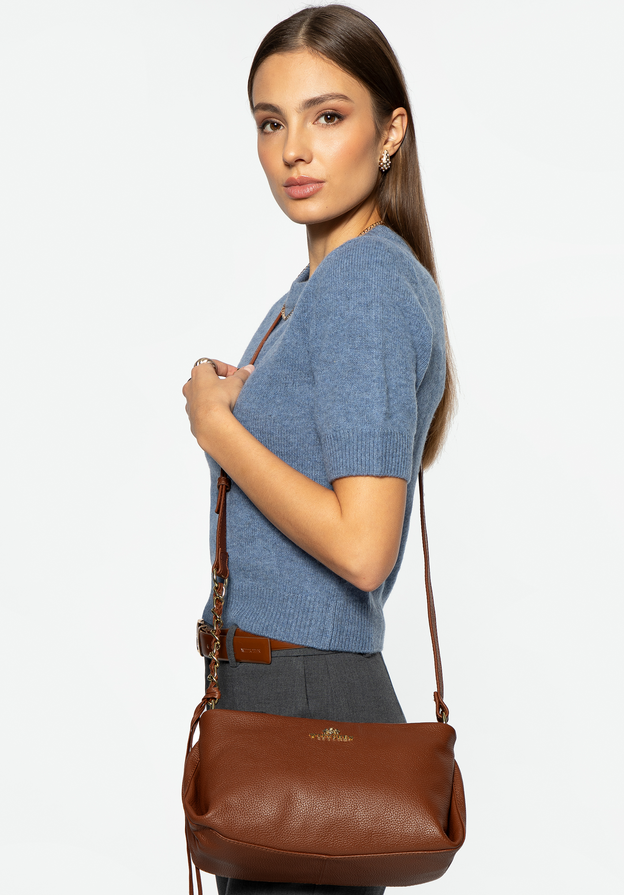 Dámská kožená crossbody kabelka s ozdobnými detaily, hnědá, 99-4E-009-5, Obrázek 1