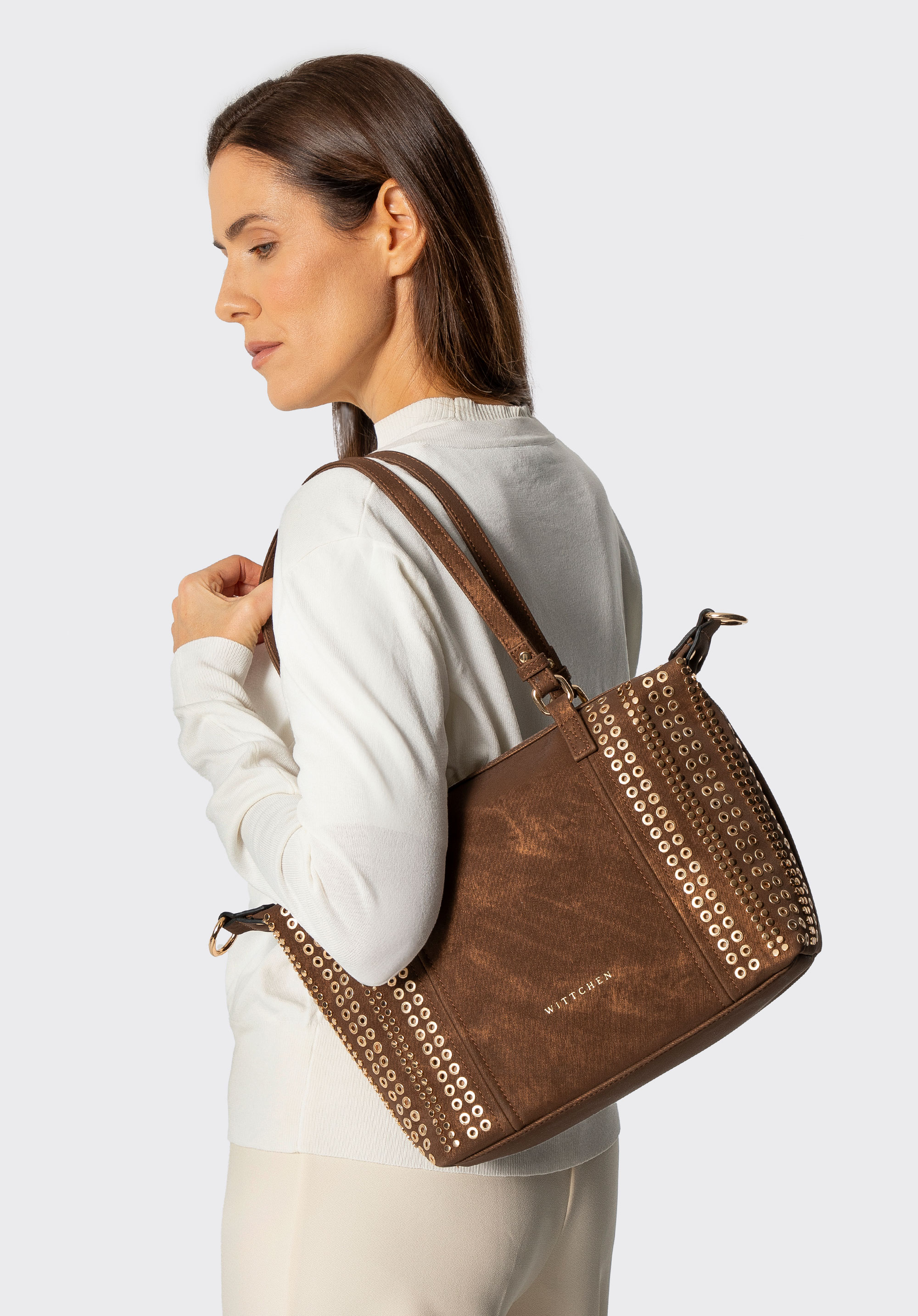 Dámská nákupní taška s ozdobnými cvočky, hnědá, 101-4Y-712-4, Obrázek 1