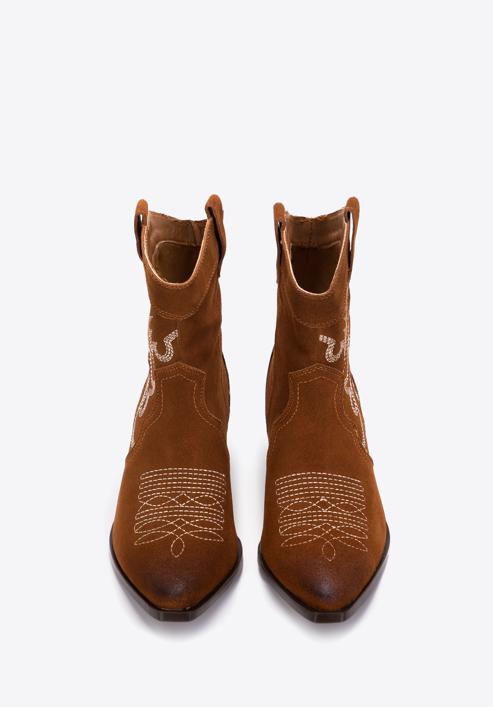 Dámské krátké semišové boty s výšivkou, hnědá, 97-D-856-9-39, Obrázek 3