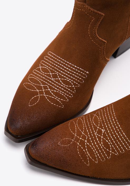 Dámské krátké semišové boty s výšivkou, hnědá, 97-D-856-Z-41, Obrázek 7