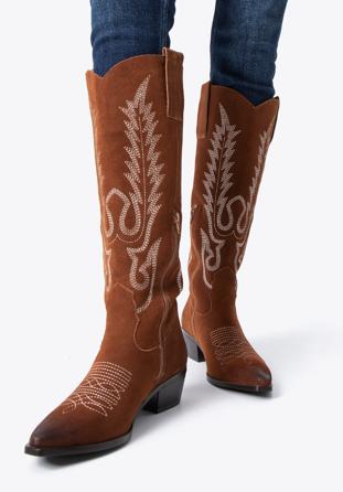 Dámské semišové kovbojské boty vysokého střihu s výšivkou, hnědá, 97-D-852-5-35, Obrázek 1