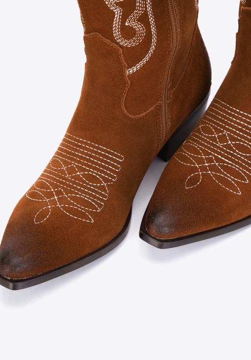 Dámské semišové kovbojské boty vysokého střihu s výšivkou, hnědá, 97-D-852-9-37, Obrázek 7