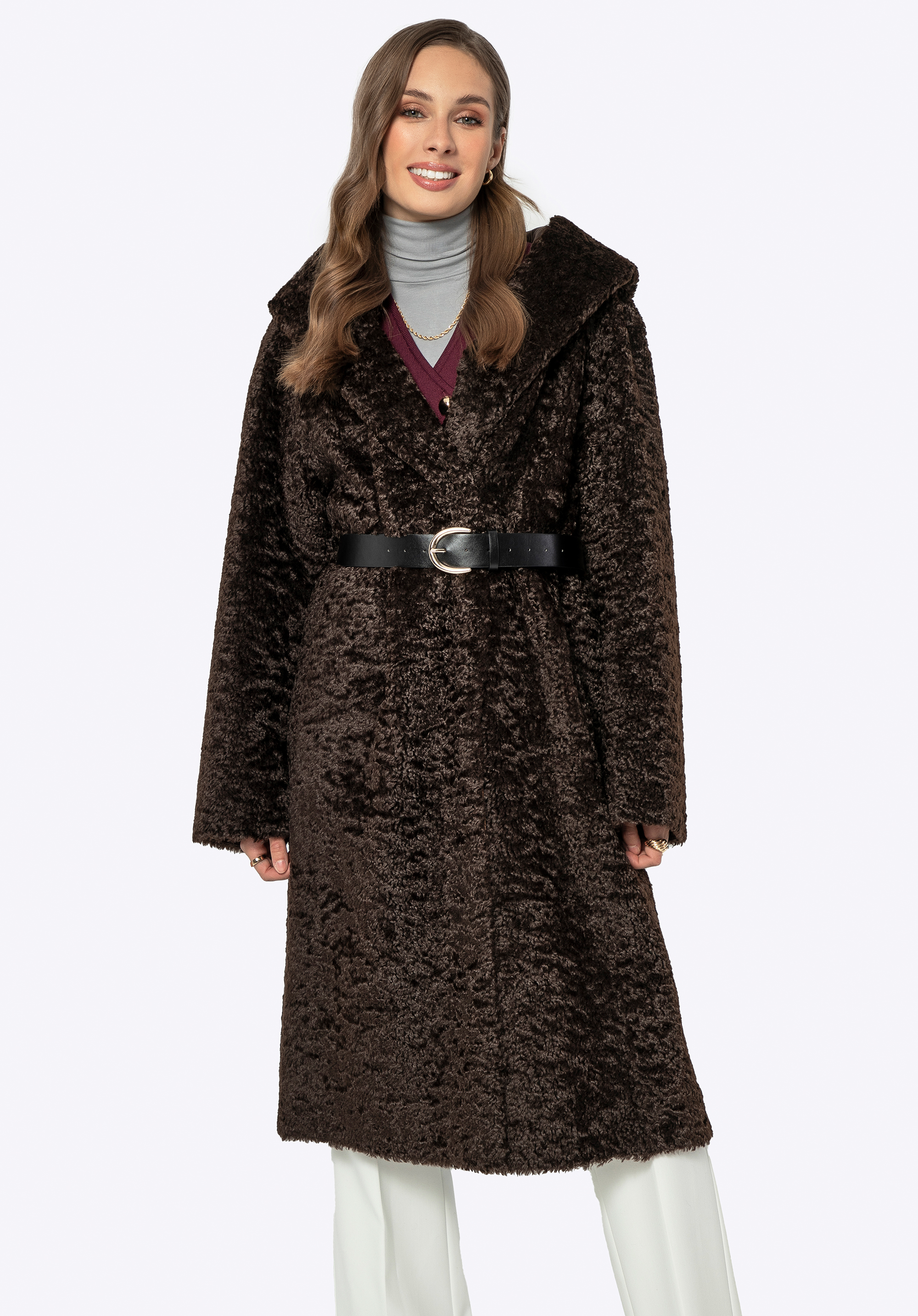 Dámský dvouřadý kabát s kapucí, hnědá, 99-9W-002-4-XL, Obrázek 1