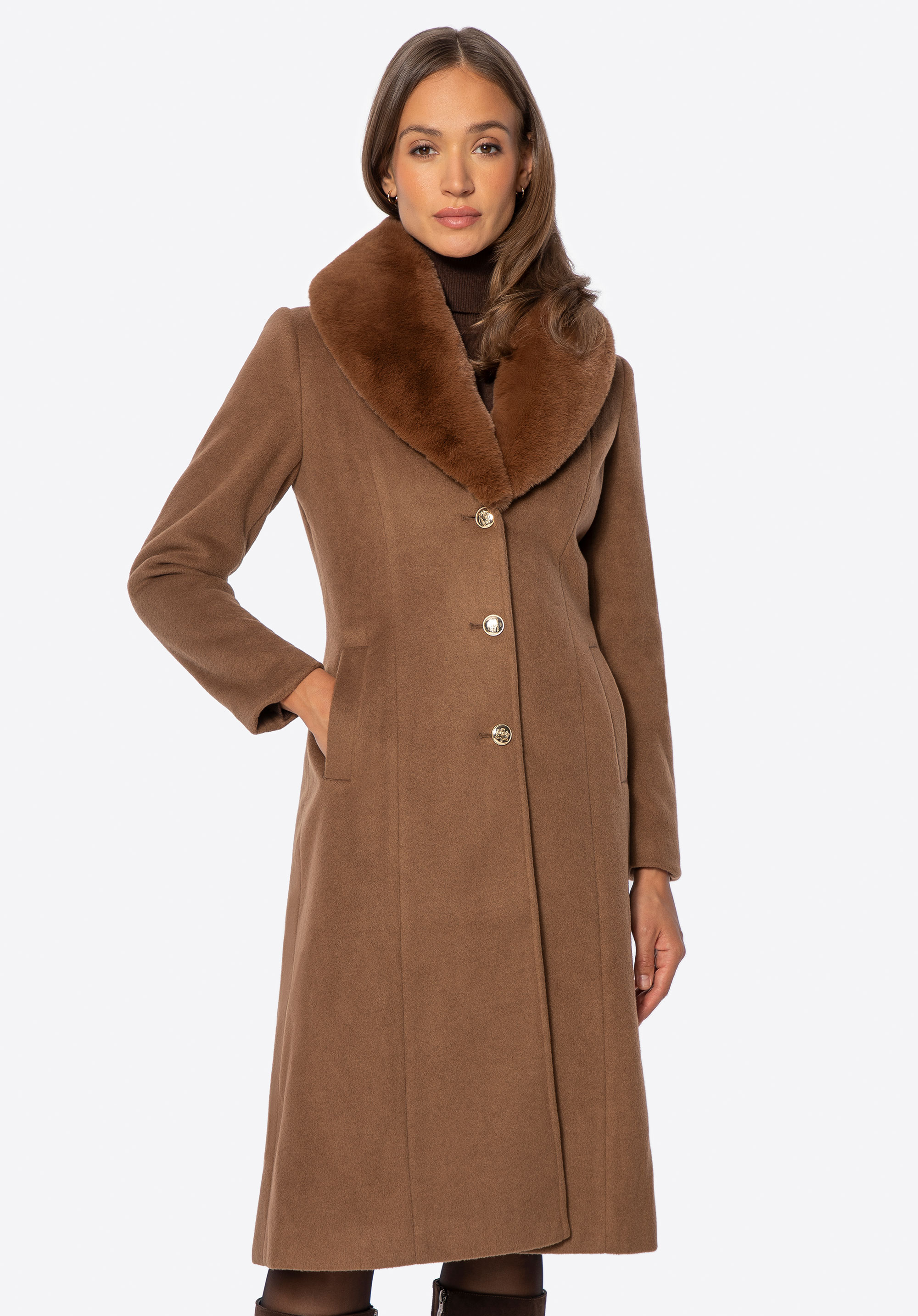 Dámský kabát s odnímatelnou ekologickou kožešinou, hnědá, 101-9X-301-5-XL, Obrázek 1