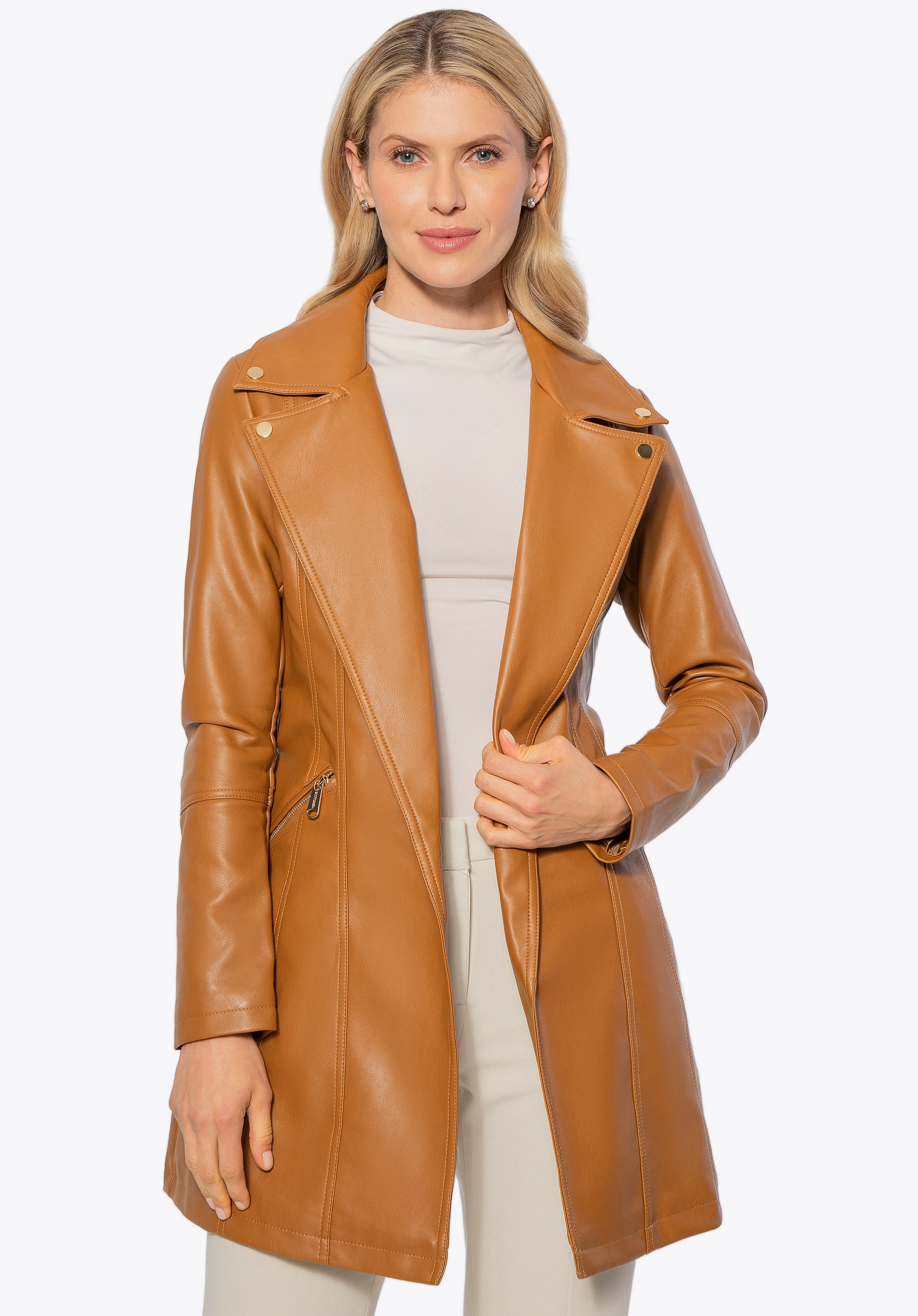 Dámský kabát z ekologické kůže, hnědá, 100-9P-101-4-2XL, Obrázek 1