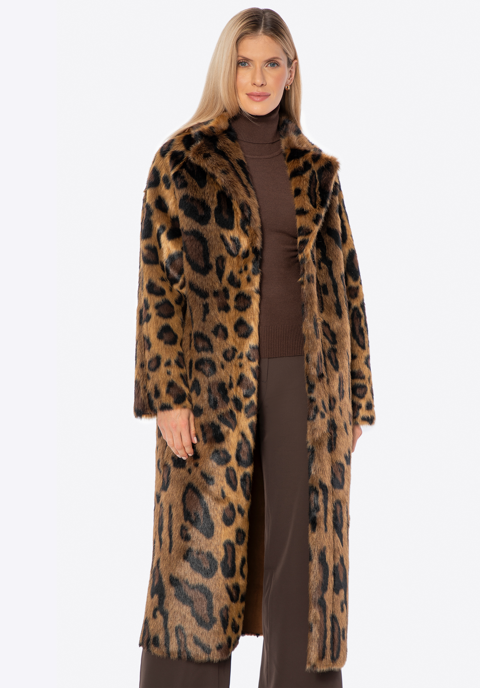 Dlouhý kabát z umělé kožešiny s leopardím vzorem, hnědá, 101-9W-005-5-XL, Obrázek 1