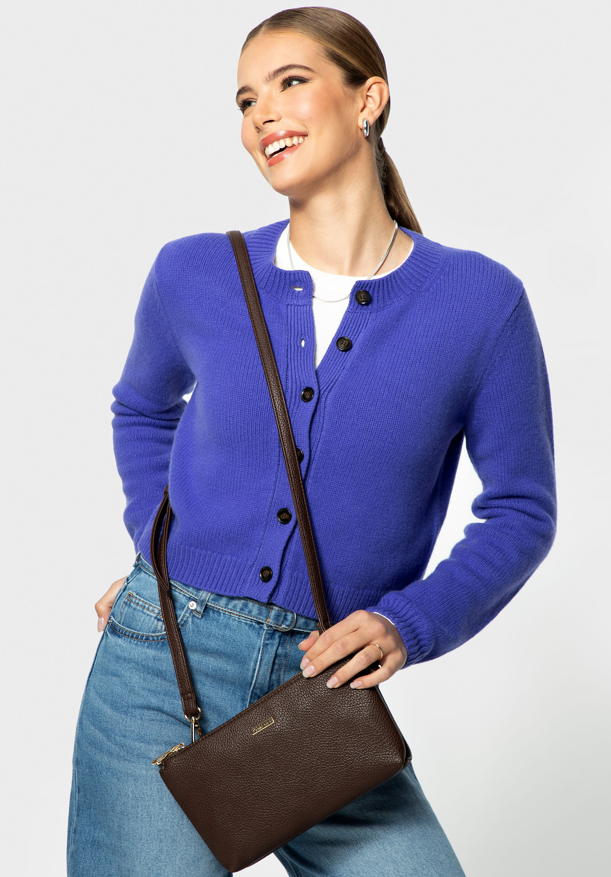 Dvoukomorová crossbody kabelka z umělé kůže, hnědá, 29-4Y-607-4, Obrázek 1