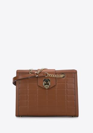 Kožená dámská kabelka  s ozdobnou sponou na řetízku, hnědá, 97-4E-614-5, Obrázek 1