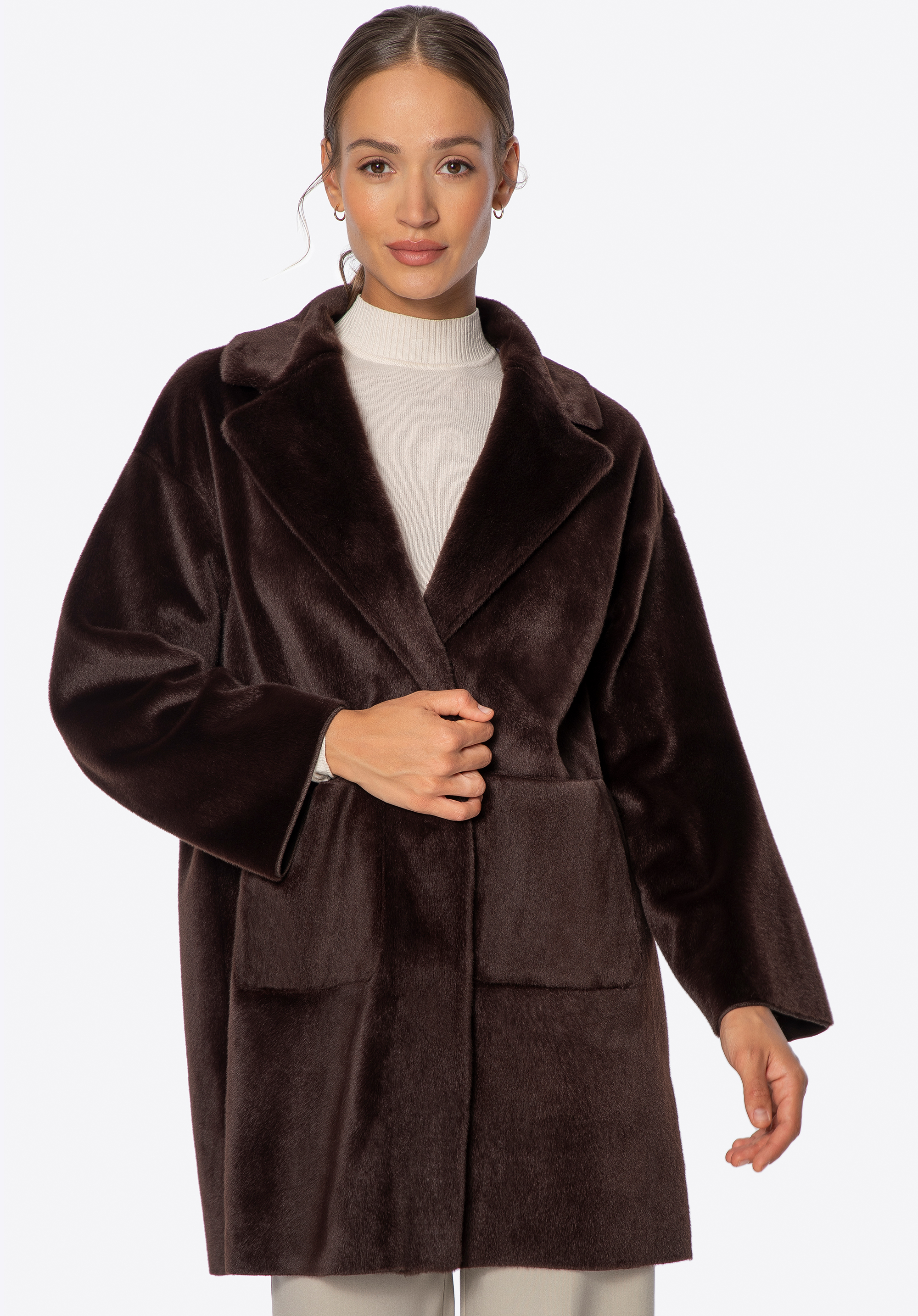 Krátký kabát z ekologické kožešiny, hnědá, 101-9W-201-4-XL, Obrázek 1