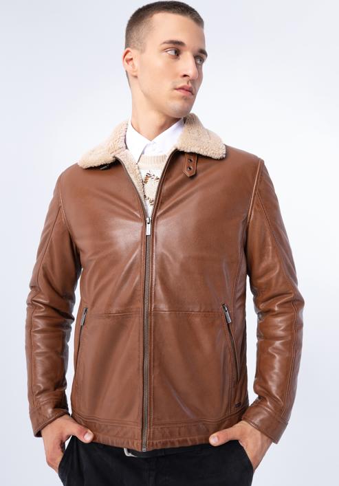 Pánská kožená bunda podšitá ekologickou kožešinou, hnědá, 97-09-857-1-XL, Obrázek 1