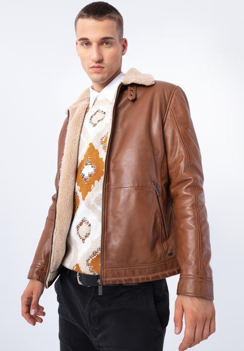 Pánská kožená bunda podšitá ekologickou kožešinou, hnědá, 97-09-857-1-L, Obrázek 3