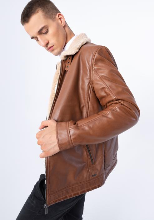 Pánská kožená bunda podšitá ekologickou kožešinou, hnědá, 97-09-857-5-XL, Obrázek 4
