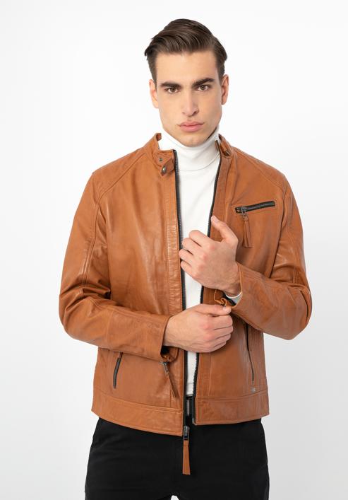 Pánská kožená bunda s vertikálním prošíváním a stojáčkem, hnědá, 97-09-253-1-XL, Obrázek 1