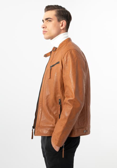 Pánská kožená bunda s vertikálním prošíváním a stojáčkem, hnědá, 97-09-253-1-XL, Obrázek 3